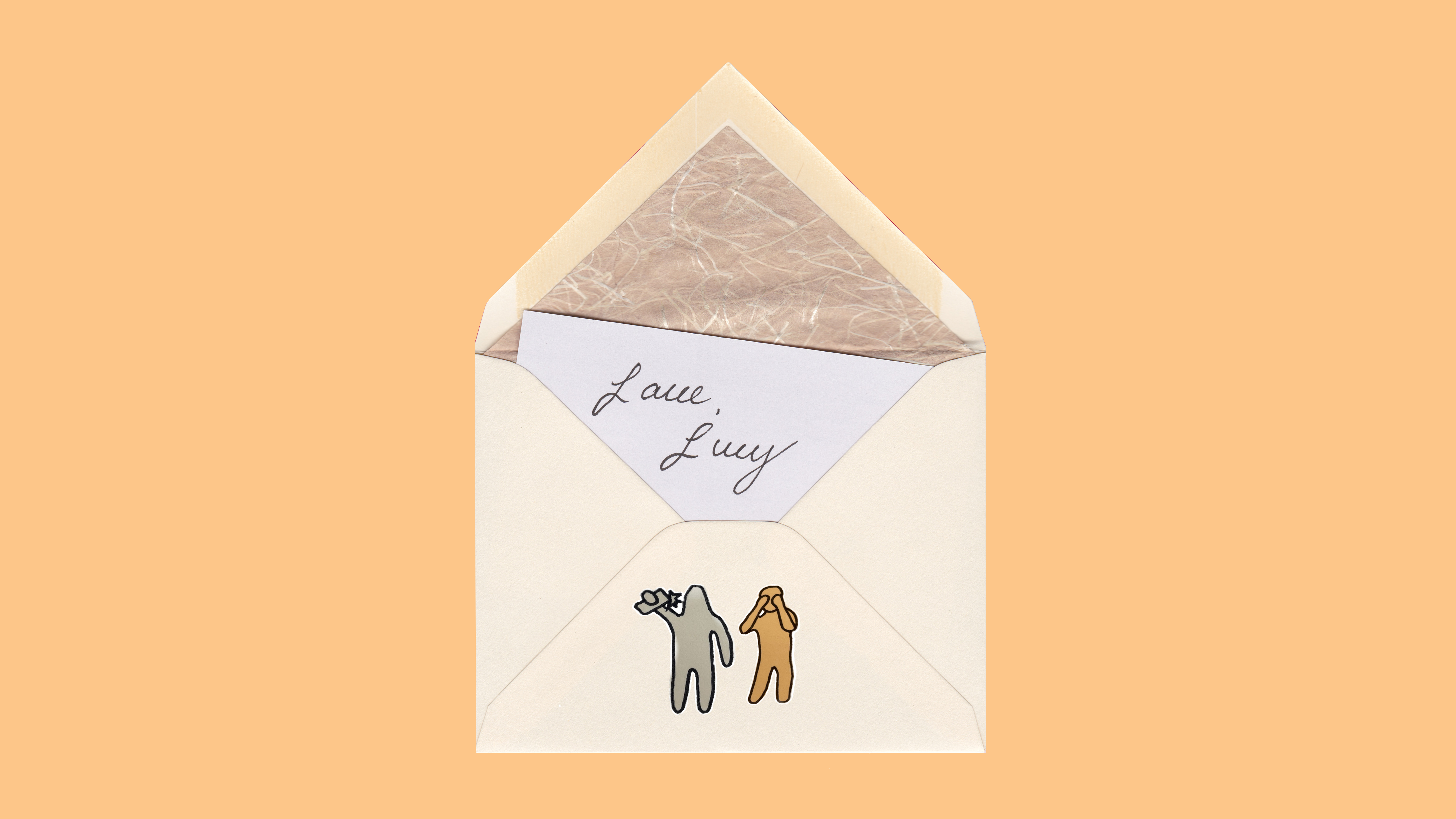 white envelope on orange background with figures on the envelope.