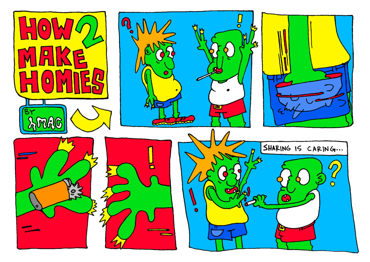 A comic strip of two colorful dudes who dont know eachother. One of the dudes approaches the other dude all up in arms because he needs a lighter. The other dude reaches into his pocket to grab his lighter & hands it to the other dude. The man is ecstatic & proceeded to spark up their joint & share with his new found homie.