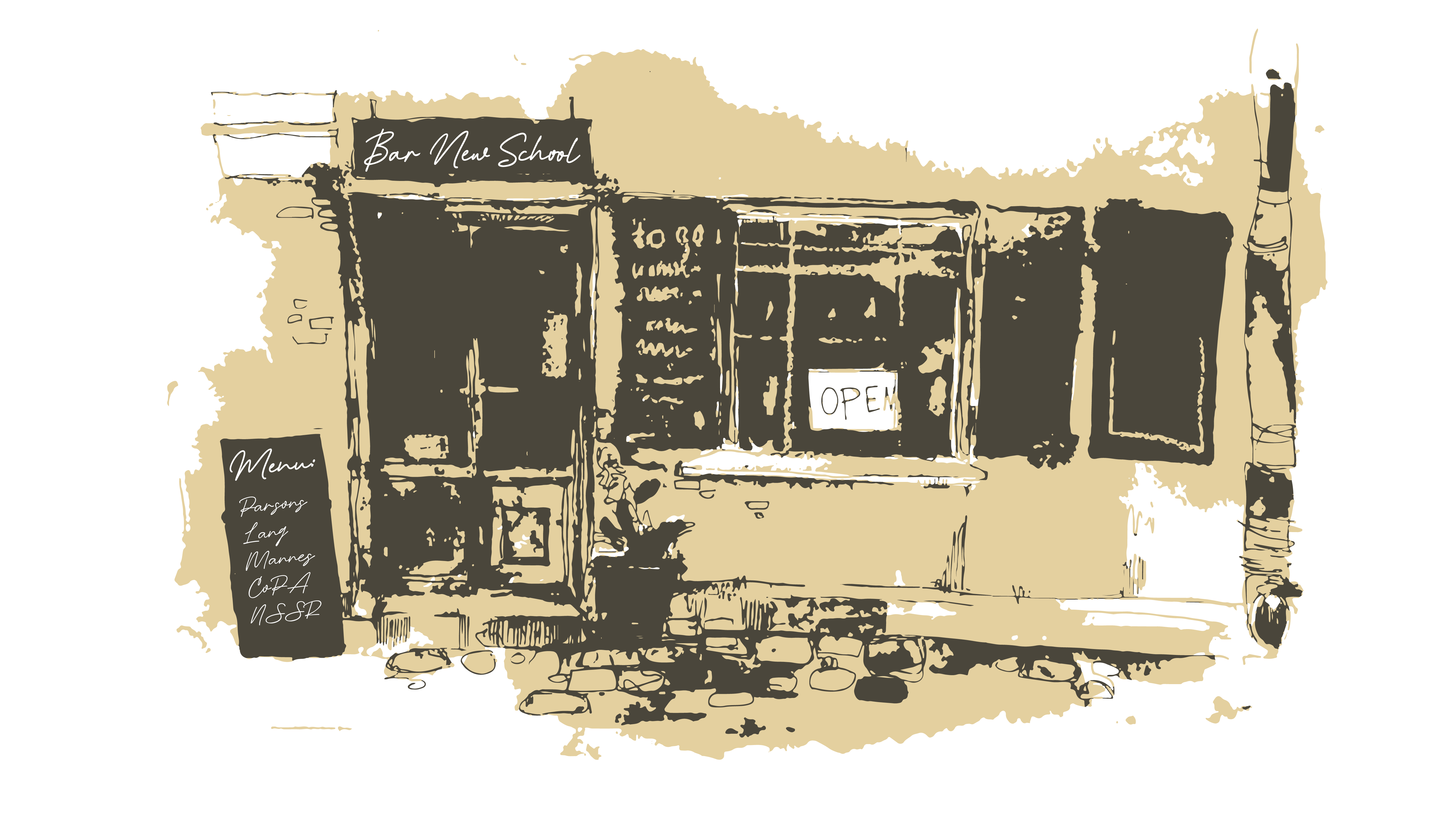 Illustration in shades of brown shows the facade of a cafe, with a sign hanging above the door that reads "Bar new School."