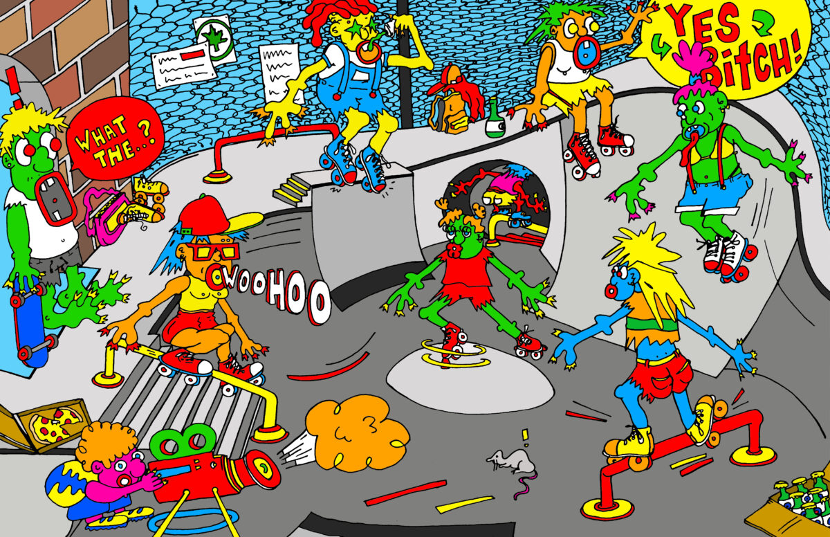 A classic skatepark that is full of cartoon people colored in pink, orange, blue and, green.The figurines wear roller skates next to NYC iconography like rats and pizza.