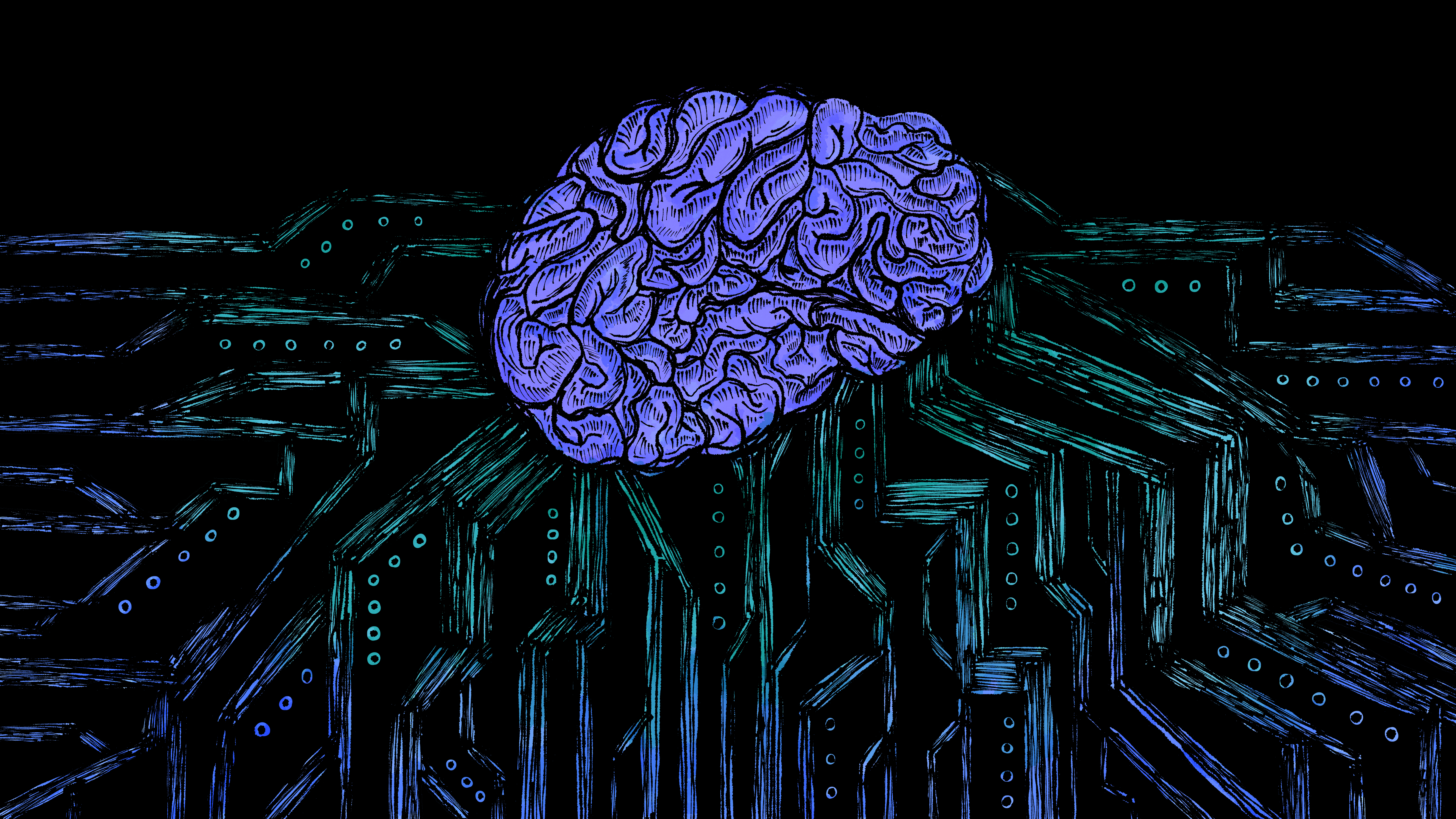 Illustration of blue brain connected to network.