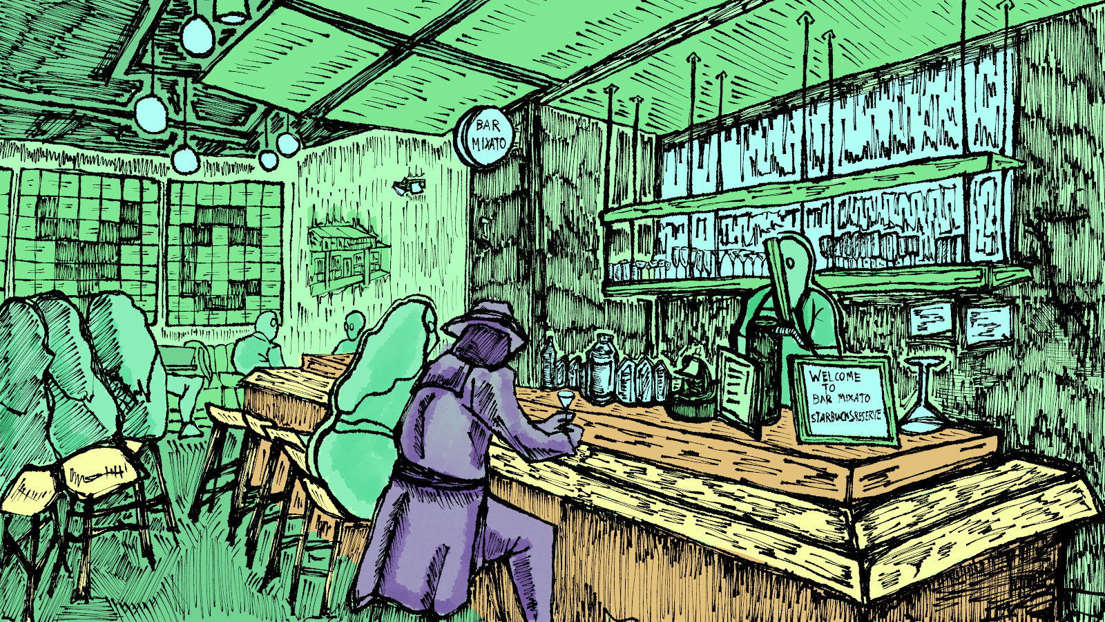 A primarily green illustration of the inside of the Starbucks Reserve bar area. A mysterious purple figure in a hat and trench coat sits at the bar with a martini glass in hand.