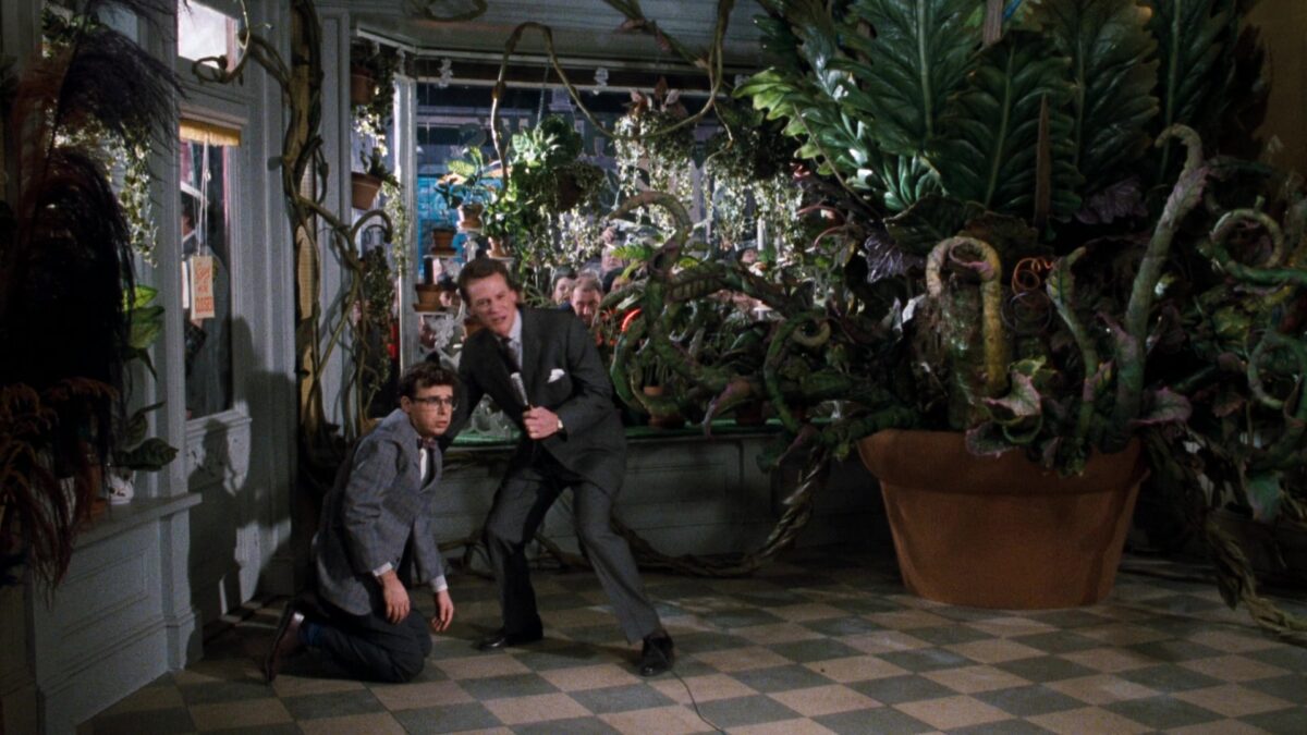 A screen capture from “Little Shop of Horrors” (1986) shows Seymore(Rick Moranis) and a news anchor hiding in the corner of a room with a massive live plant next to them.
