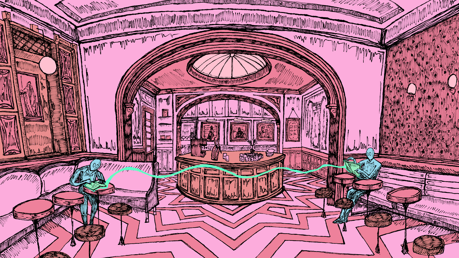Illustration of pink washed interior of Felix Roasting Co. with a reader and writer being connected by a grPink washed interior of Felix Roasting Co. with a reader and writer being connected by a green squiggly line.een squiggly line.