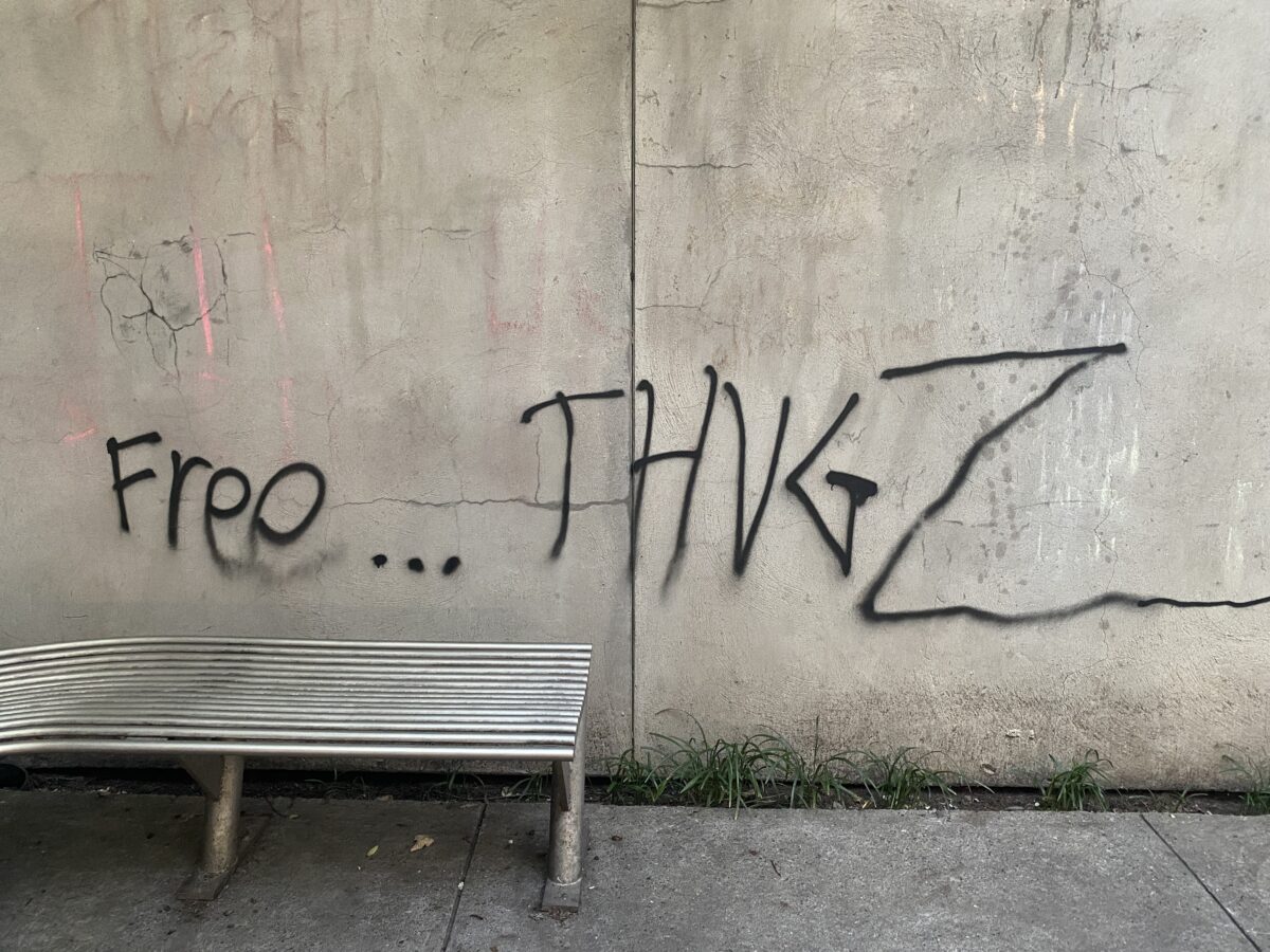 “Free Thugz” written in black spray paint on a concrete wall 

