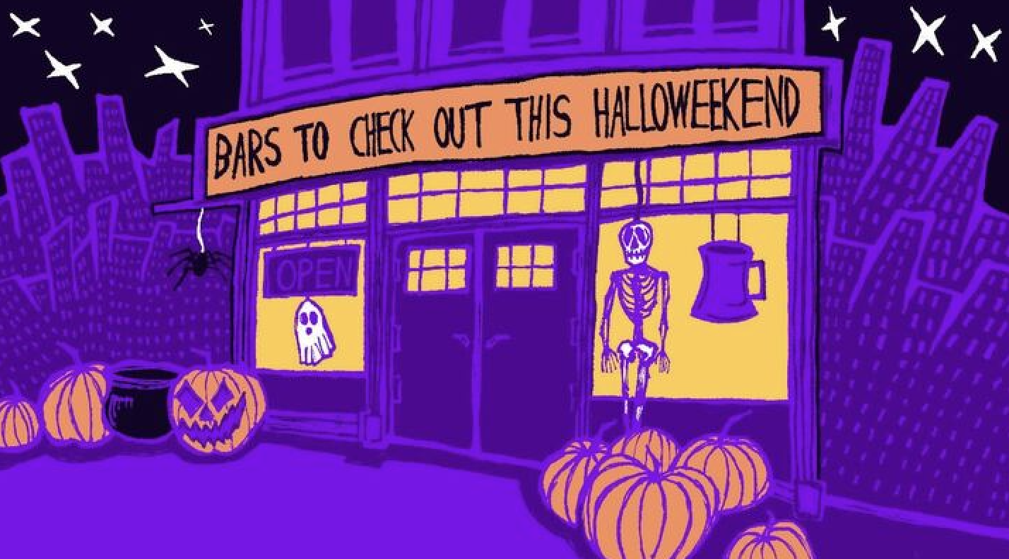 Purple and orange illustration of bar with pumpkins and other Halloween decor.