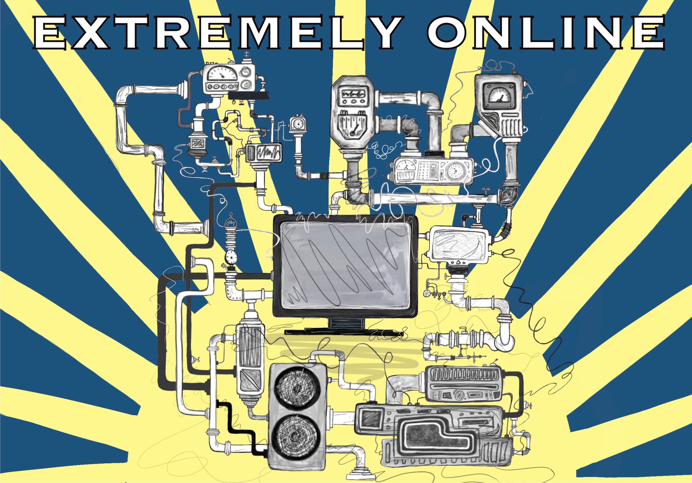 Graphic design of yellow sun on top of a blue background with a grey computer and many wires and tubes connected to it in the foreground.