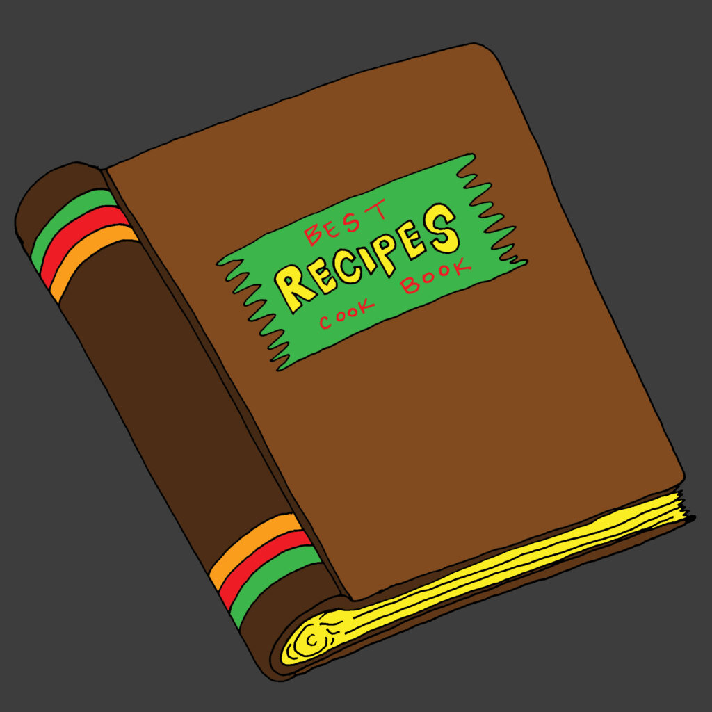 an illustration of a leather-bound book with a cover saying best recipes 