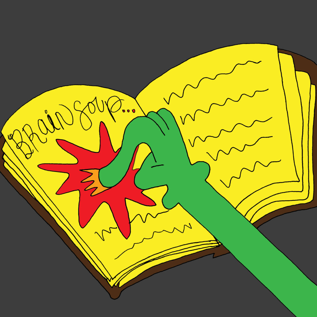 An illustration of a finger tracing a page of a book