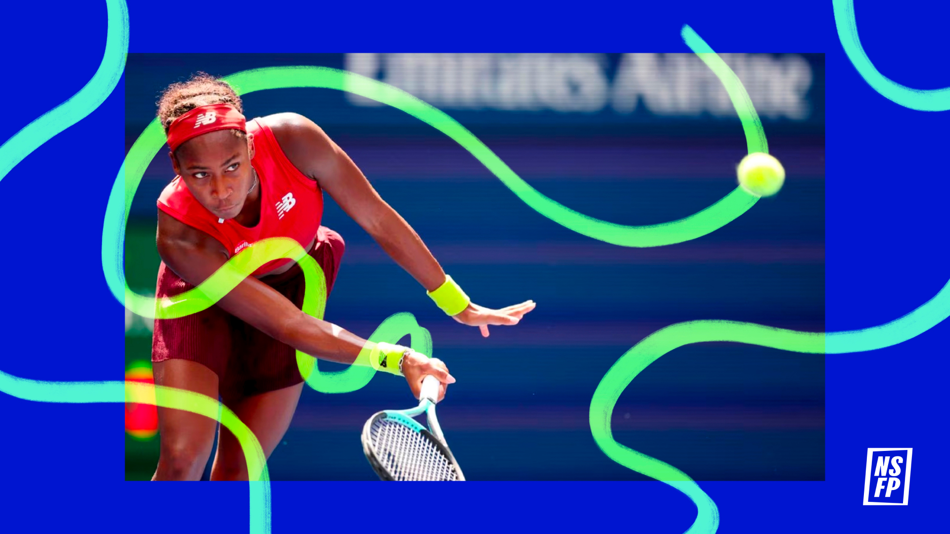 Photo illustration of Coco Gauff about to hit a tennis ball surrounded by green squiggly lines and blue background.