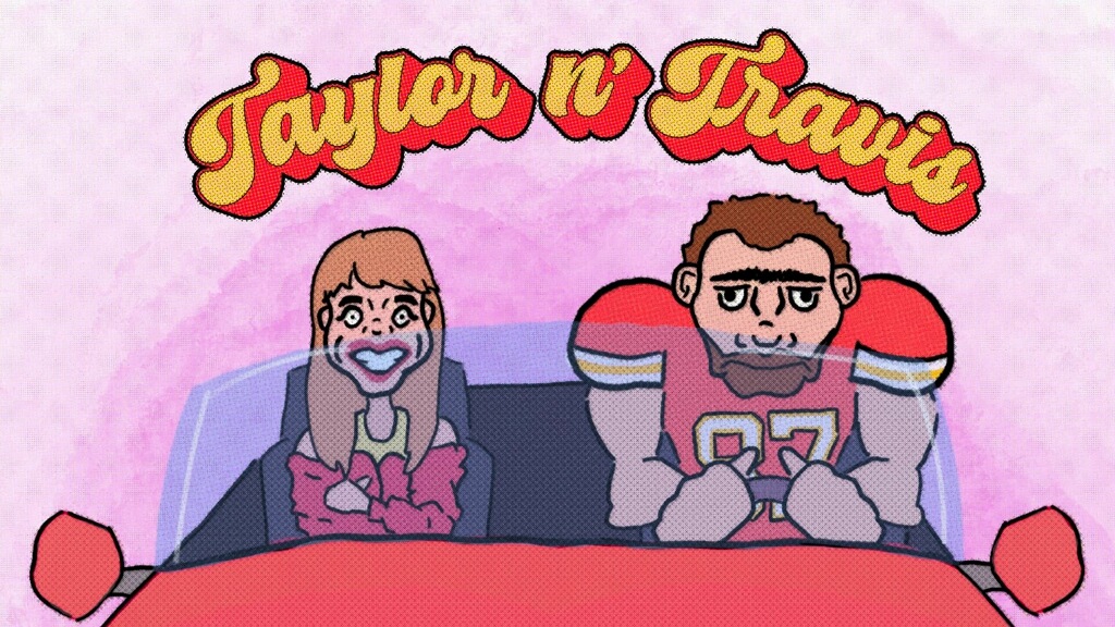 Illustration of Travis Kelce and Taylor Swift driving in a red