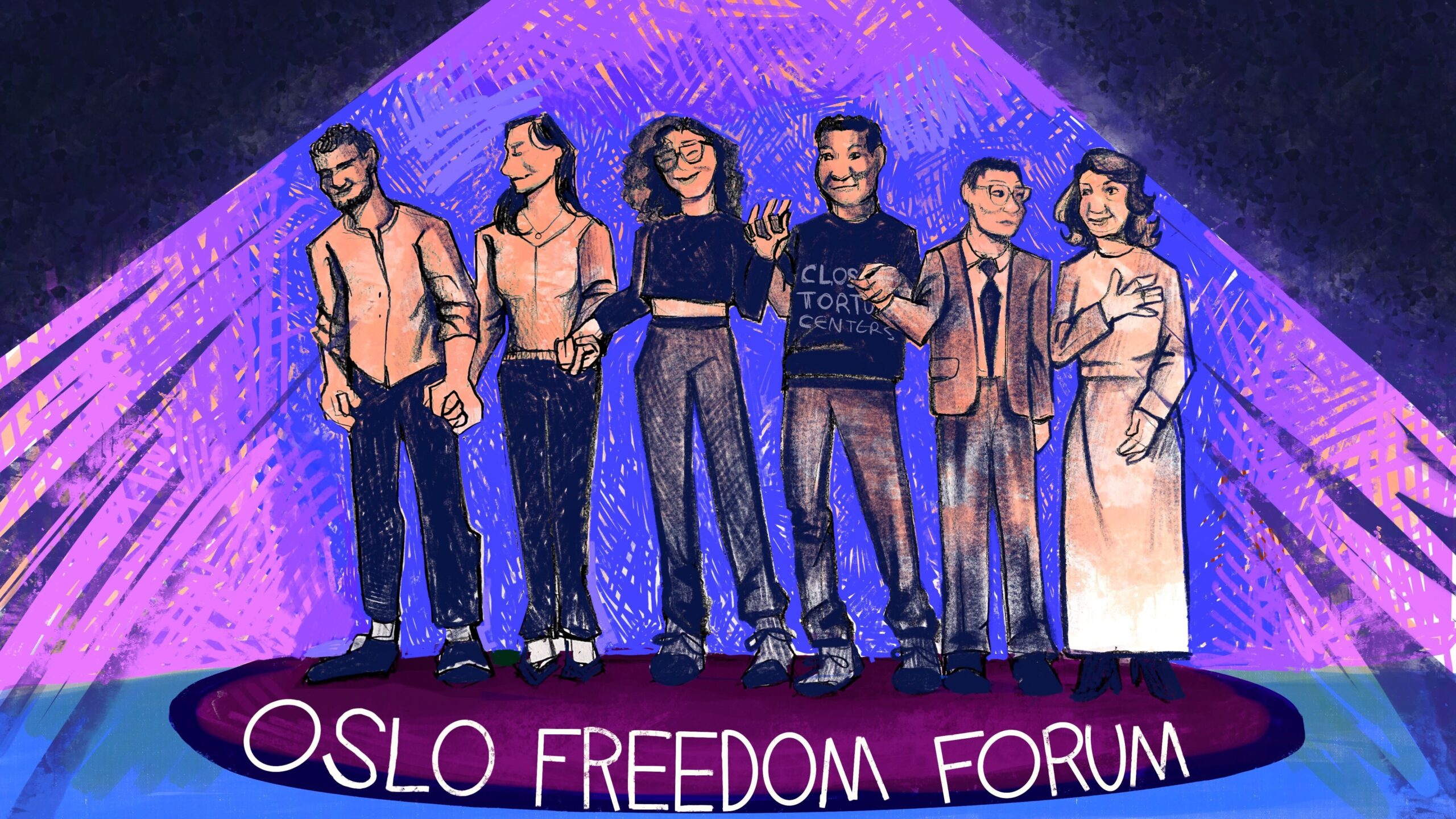 Six illustrated figures of people stand in front of a purple background that imitates a spotlight on them. The text underneath the figures reads “Oslo Freedom Forum.”
