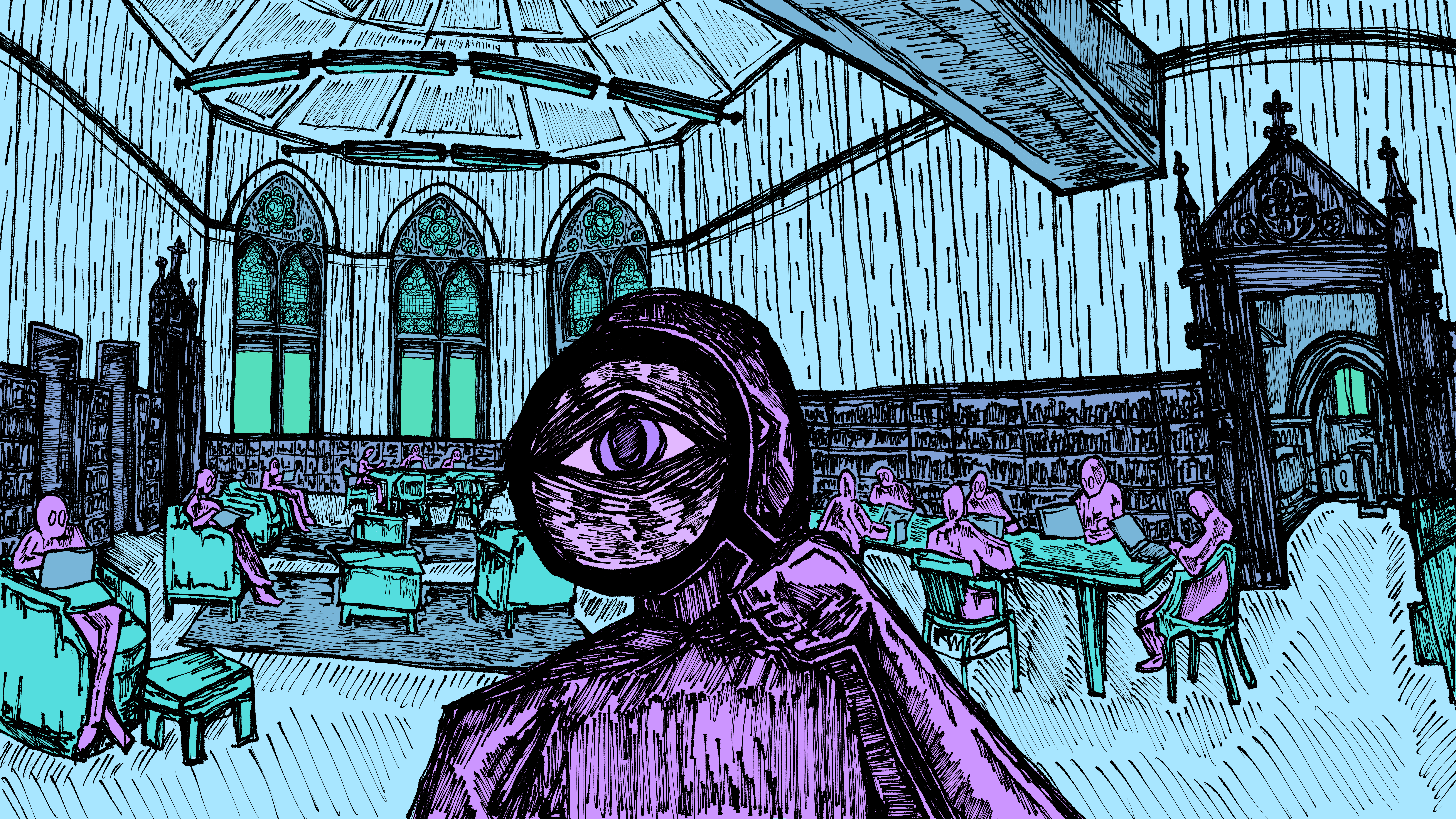 Blue tinted illustration of the Jefferson Market Library’s Adult Reading Room with a purple person holding a magnifying glass up to their eye.