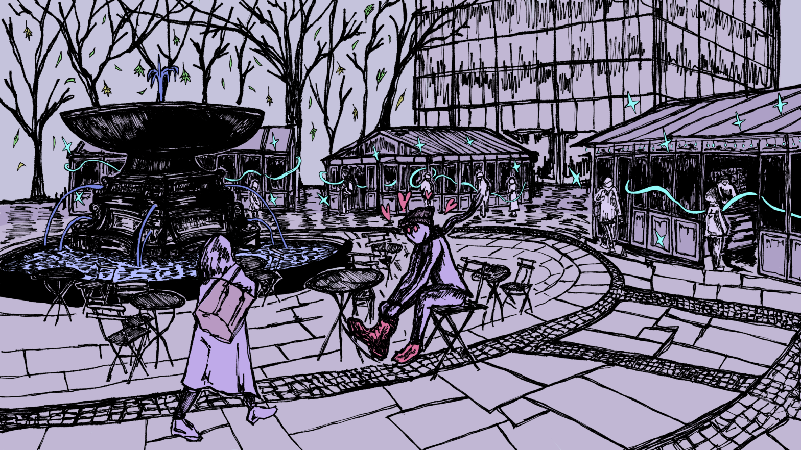A light purple illustration of Bryant Park showcasing the iconic fountain, the holiday market with swirling sparks of magic, and a person putting on ice skates with hearts above them.