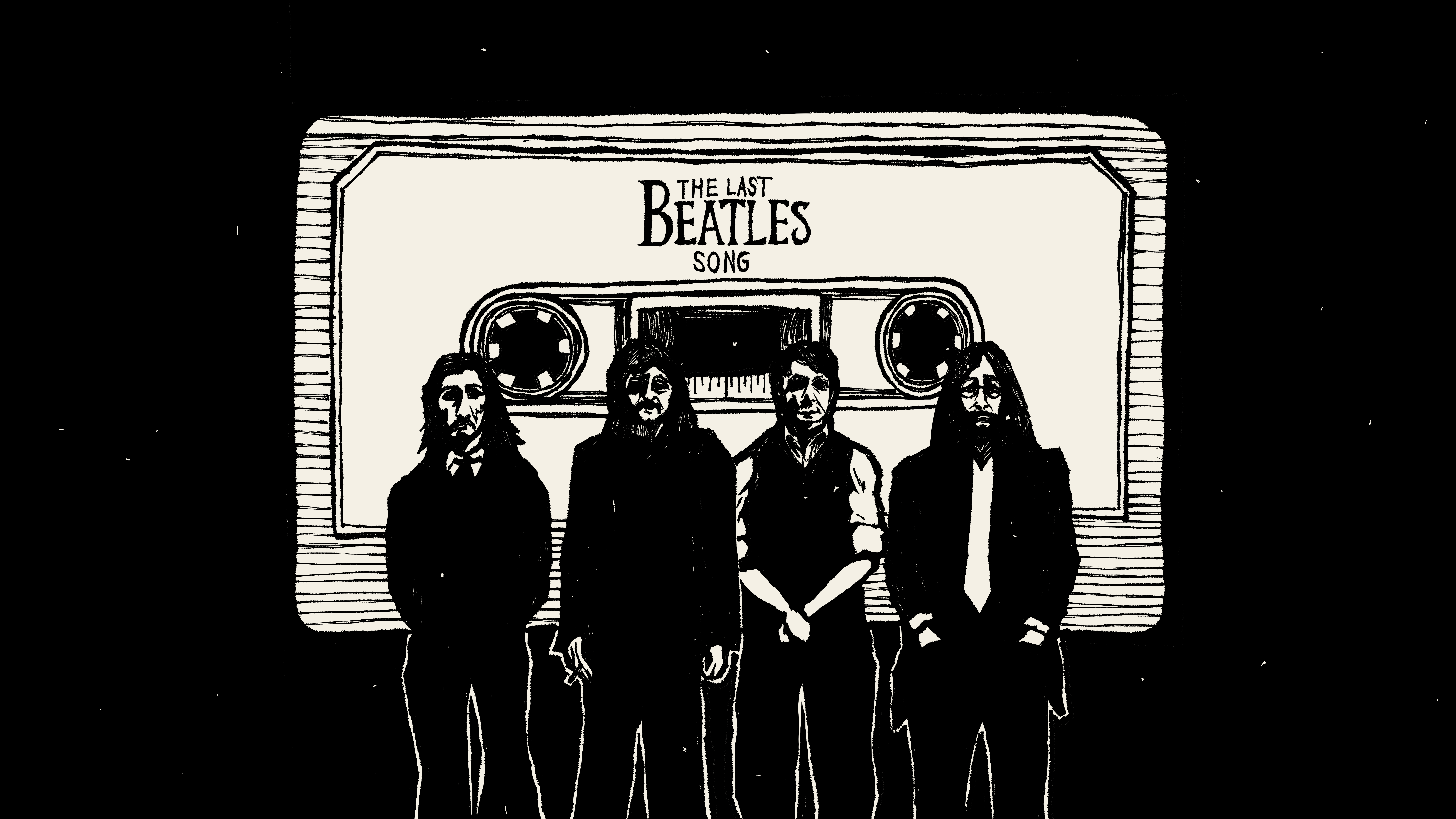 Black-and-white illustration of The Beatles standing in front of a cassette tape