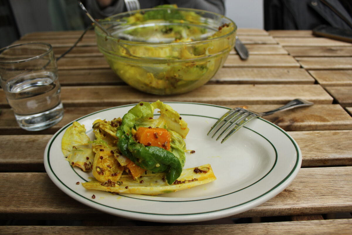 A small portion of a green and orange salad sits on a plate.