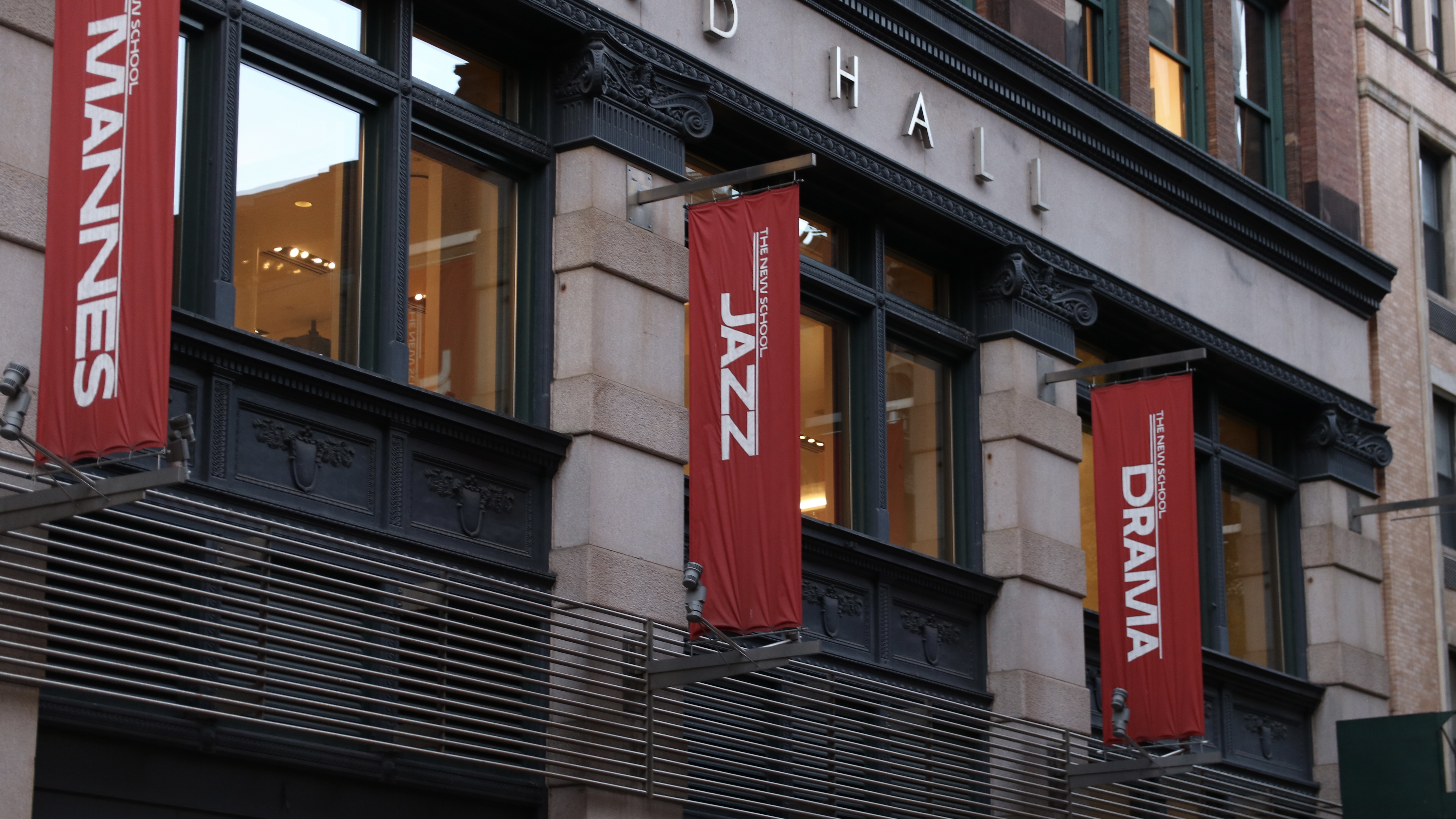 Banner for the School of Jazz in front of Arnold Hall
