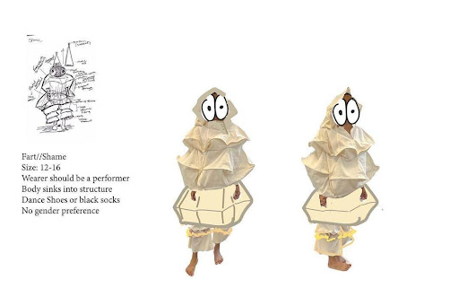 Left: Sketch of Fart/Shame costume, Right: someone putting the unfinished Fart/Shame garment over their heads in a studio.