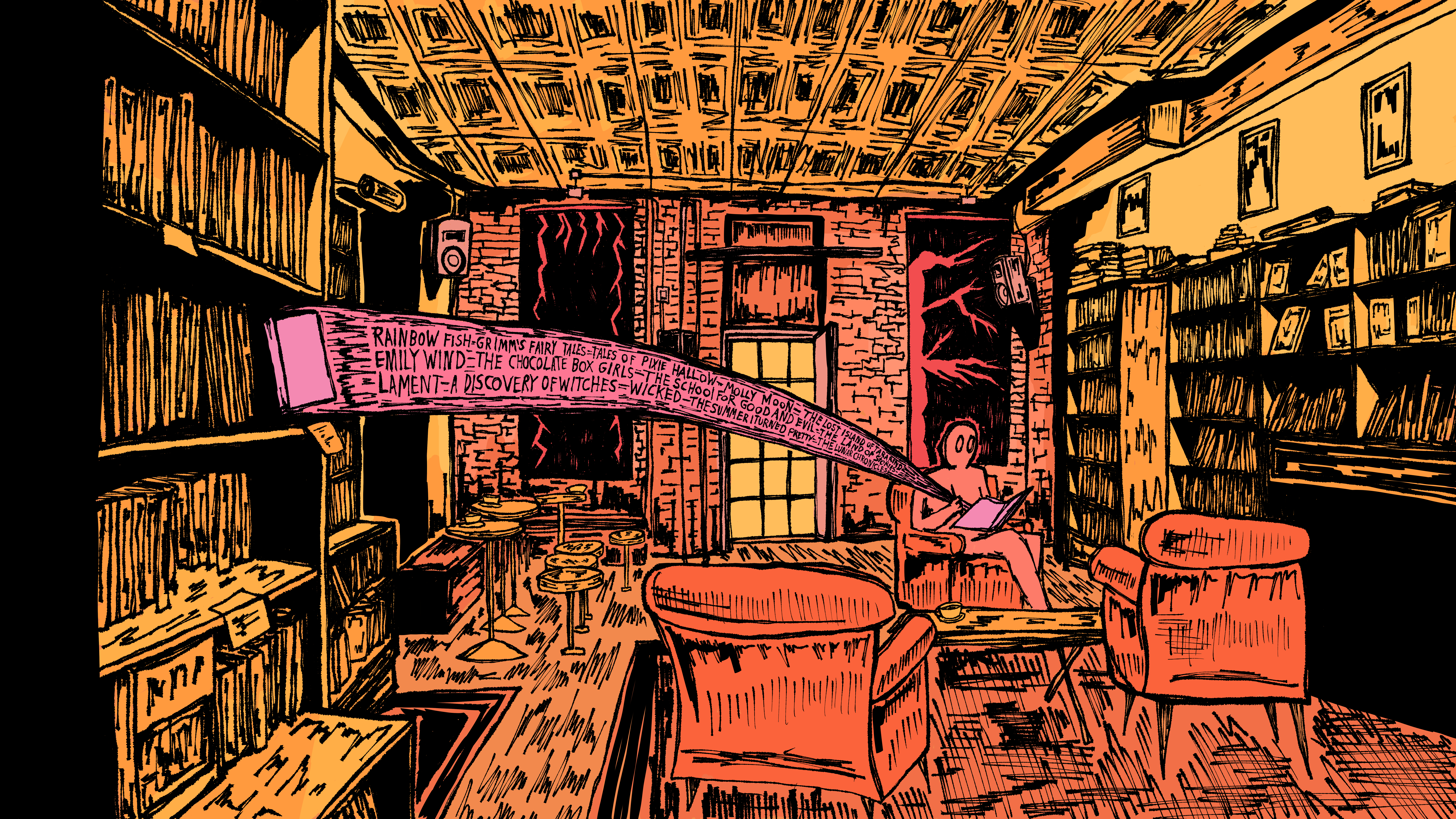 Illustration of Book Club Bar with a pink stream of words arching from a book to a notebook held by a writer.