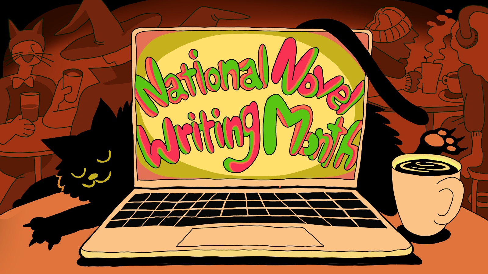 Laptop screen reading “National Novel Writing Month” with black cat draped over it.