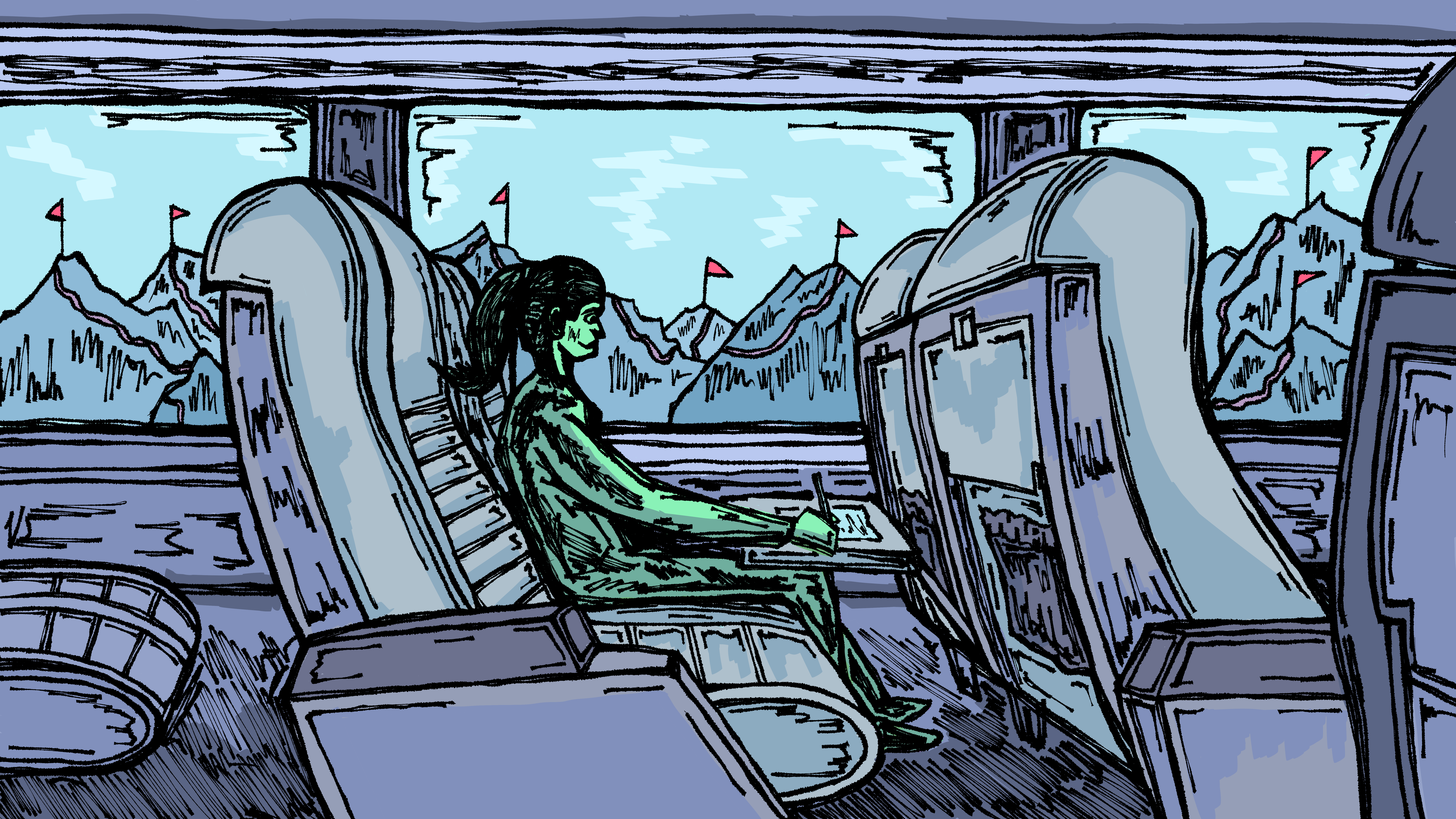 Blue-colored illustration of a green-colored person writing on an Amtrak train. Mountains dotted with red flags are outside the windows.