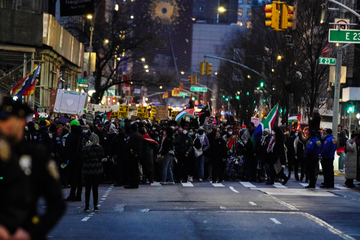 Large group of protesters in the streets holding signs and flags