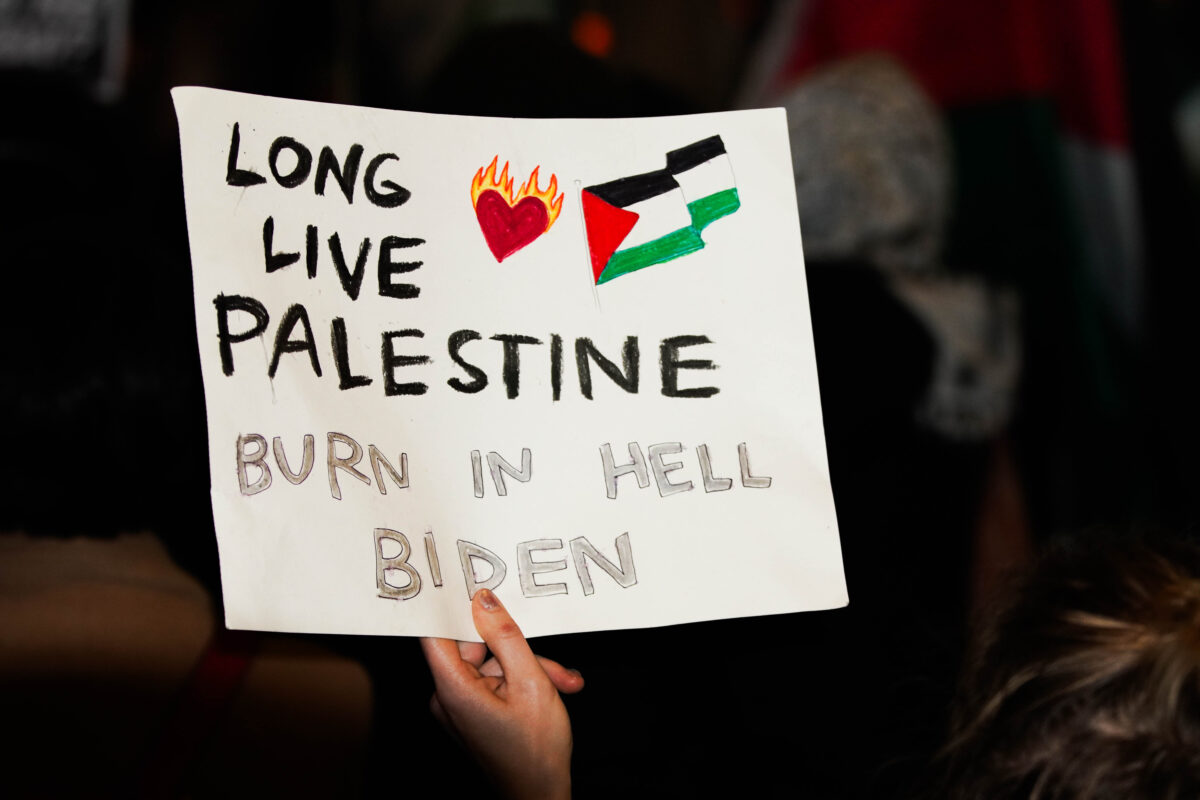Sign reads “Long live Palestine Burn in Hell Biden  