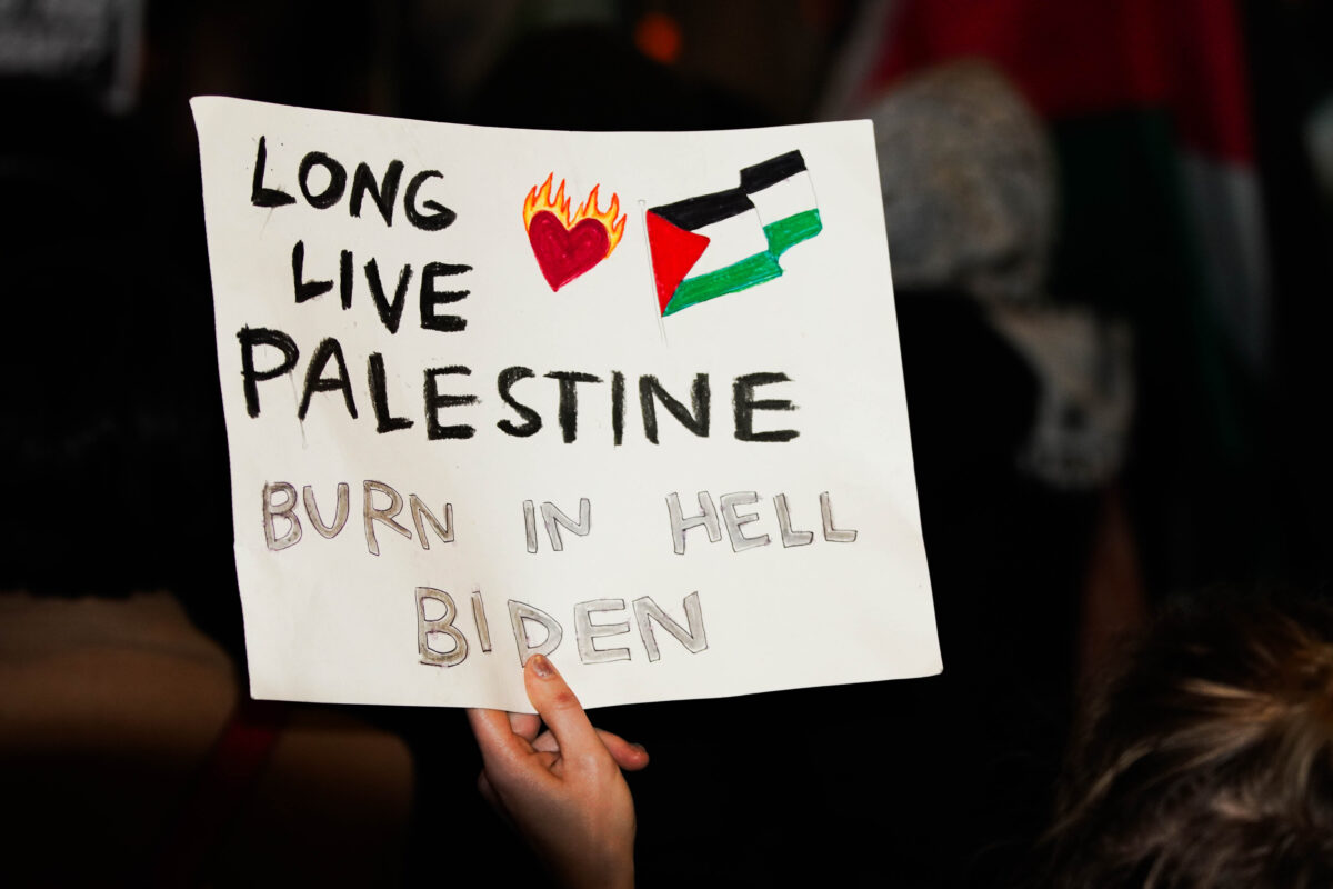 Sign reads “Long live Palestine Burn in Hell Biden