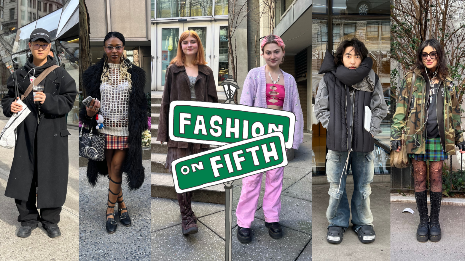 Six New School students collaged side-by-side. In the middle is an illustrated street sign that says “Fashion on Fifth.”