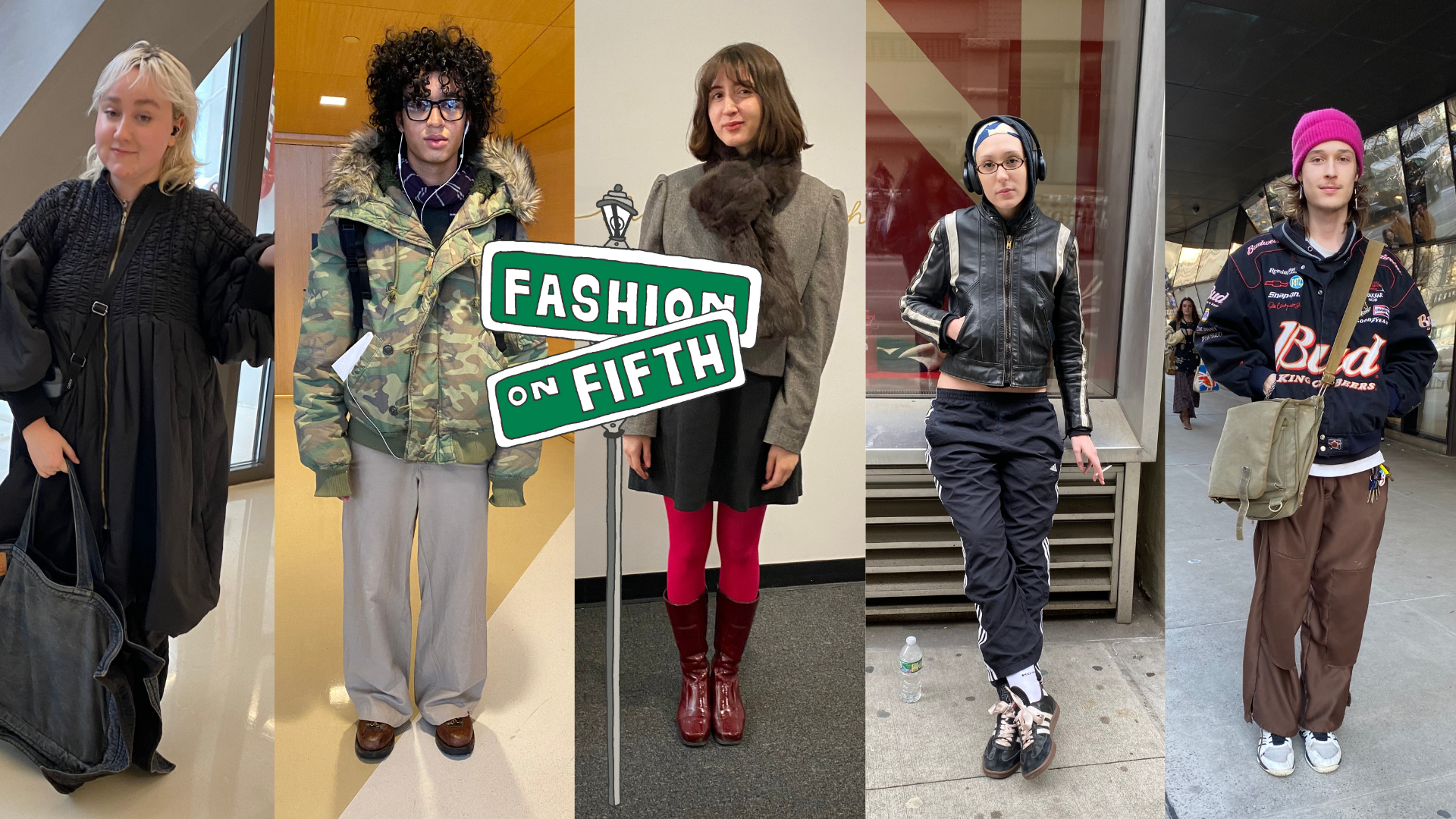 A collage of five New School students side by side with an illustration of a street sign that says “Fashion on Fifth.”