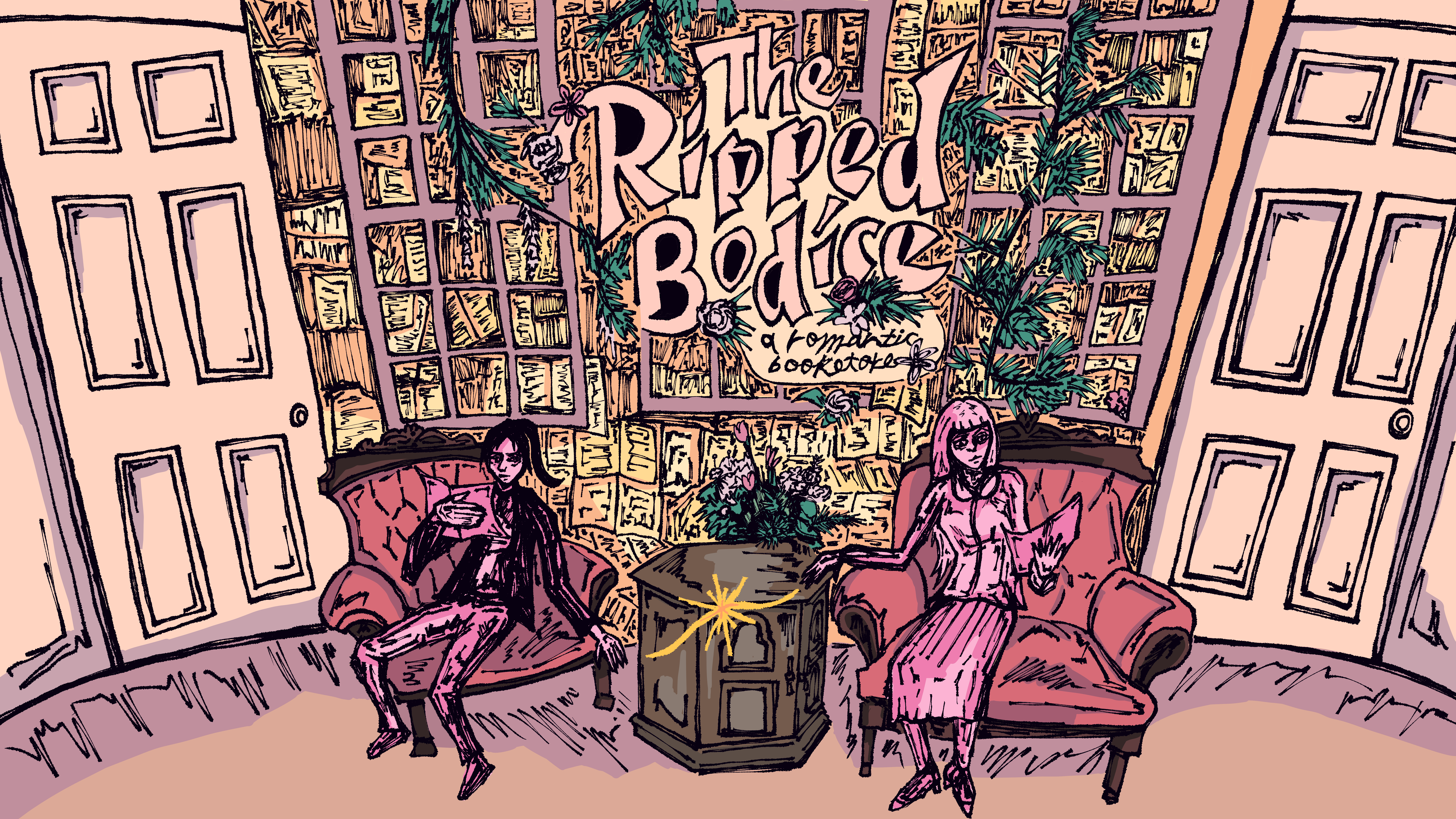 Illustration of two pink people reading in red chairs, a yellow spark between their dangling hands, and a sign above their heads reading, “The Ripped Bodice: a romantic bookstore.”