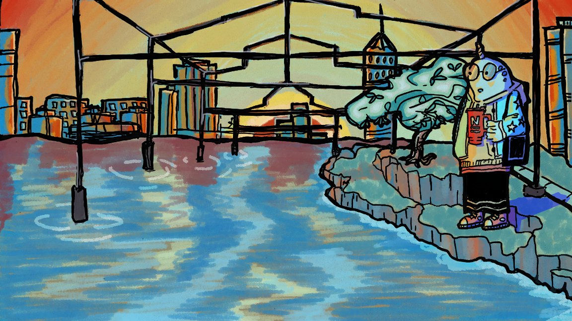 Illustration of an orange-yellow sunset along a waterfront with a metal structure positioned in front of the skyline. To the right of the waterfront stands Gnarls, staring in awe