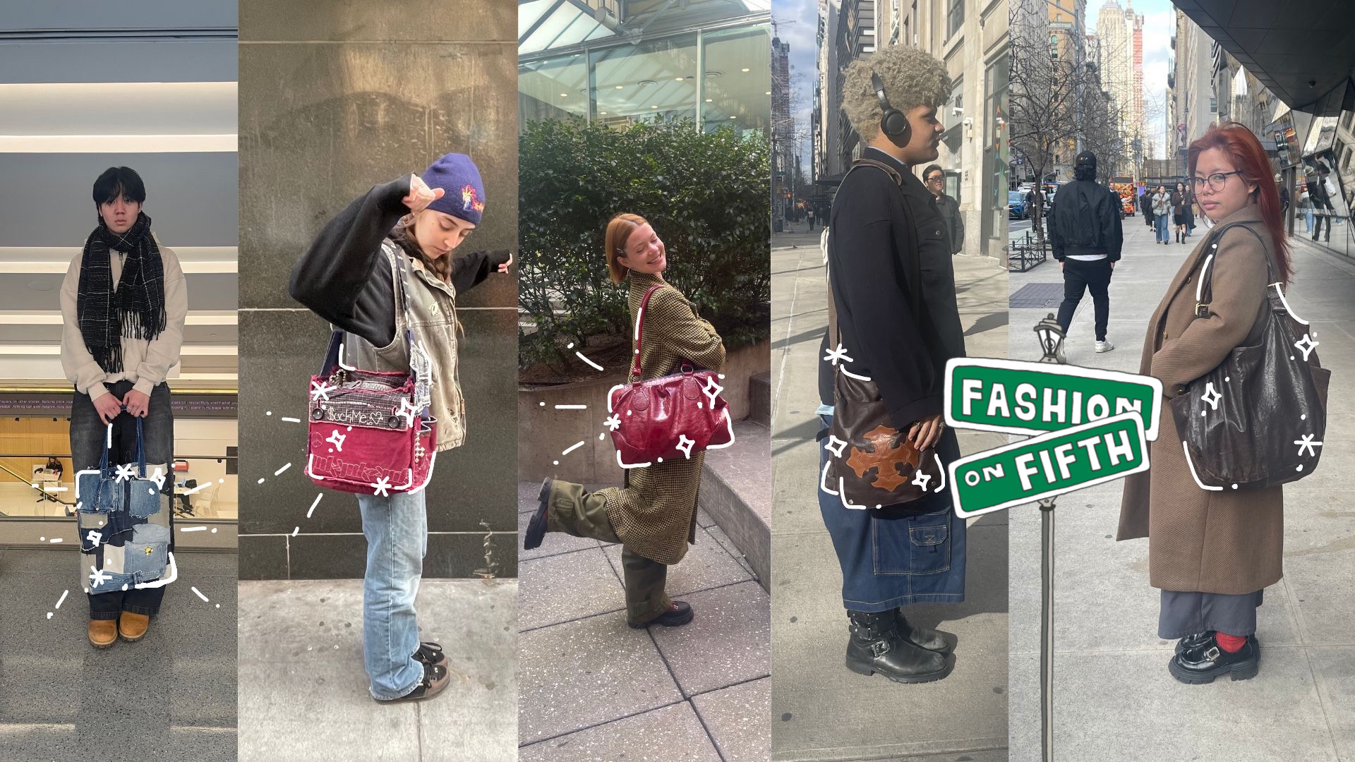 Five New School students collaged side-by-side. Toward the right is an illustrated street sign that says “Fashion on Fifth.”