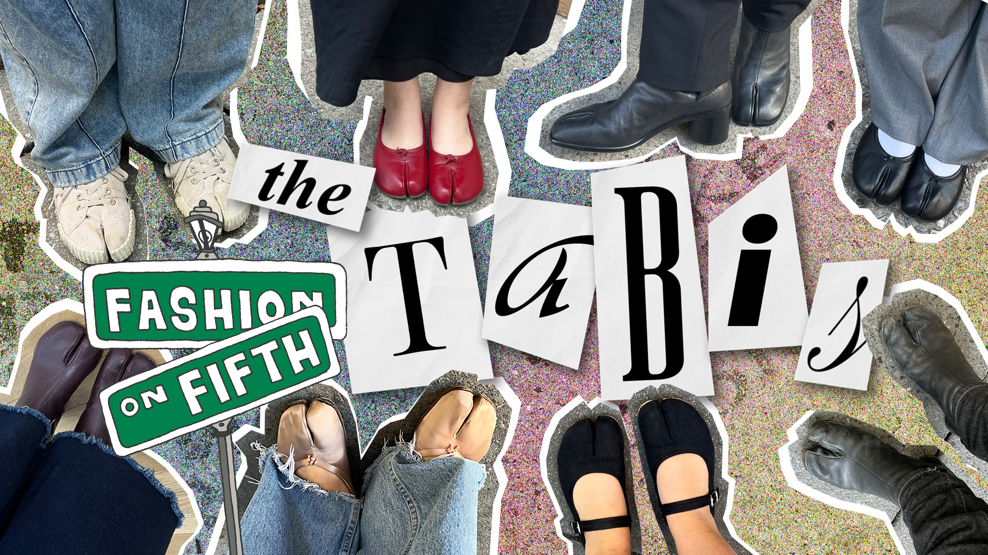 Eight variations of tabi shoes around black-and-white letter cutouts that spell “tabi.” Fashion on Fifth street sign logo in left corner.