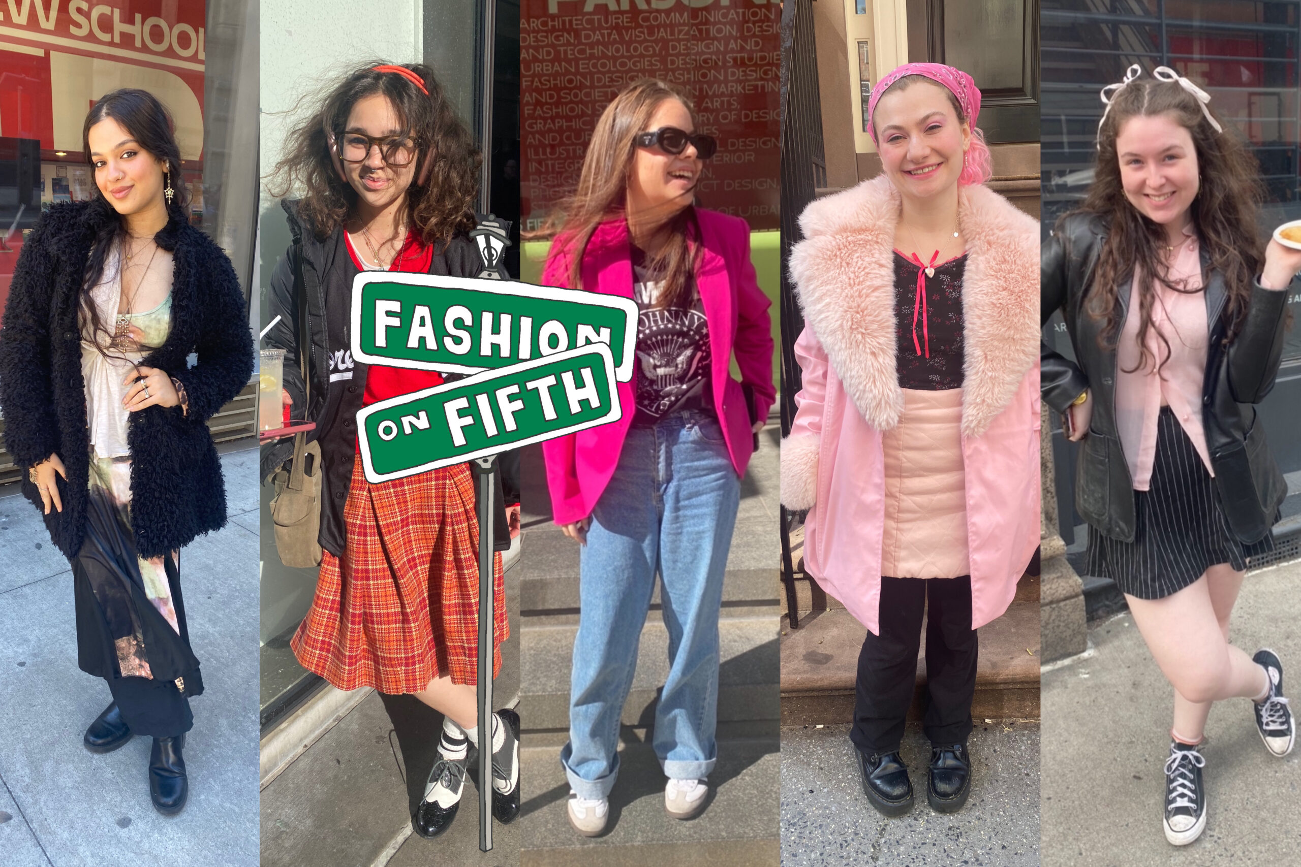 Five New School students collaged side-by-side. Toward the middle is an illustrated street sign that says “Fashion on Fifth.”