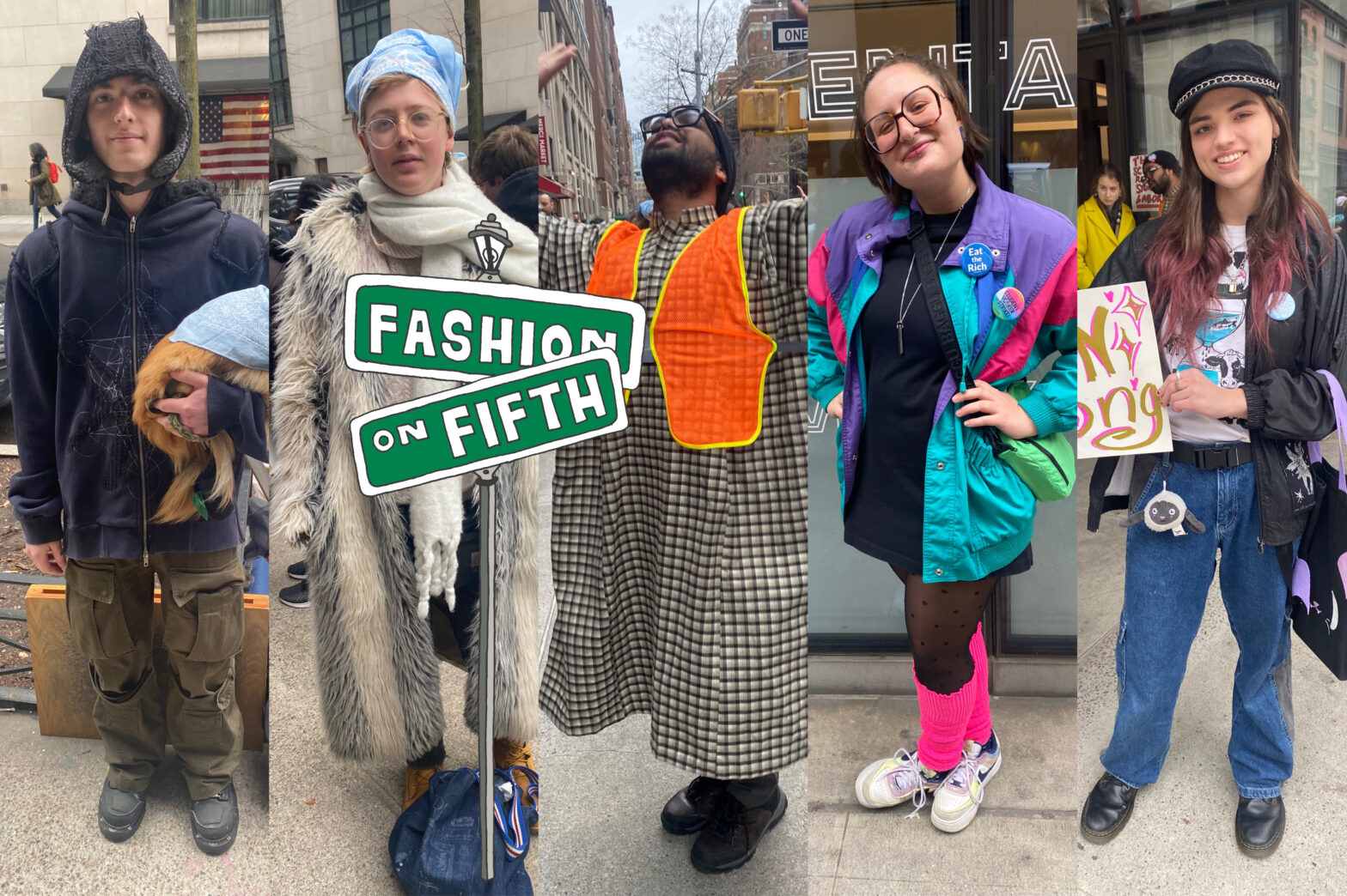 Five New School students collaged side-by-side. In the middle is an illustrated street sign that says “Fashion on Fifth.”