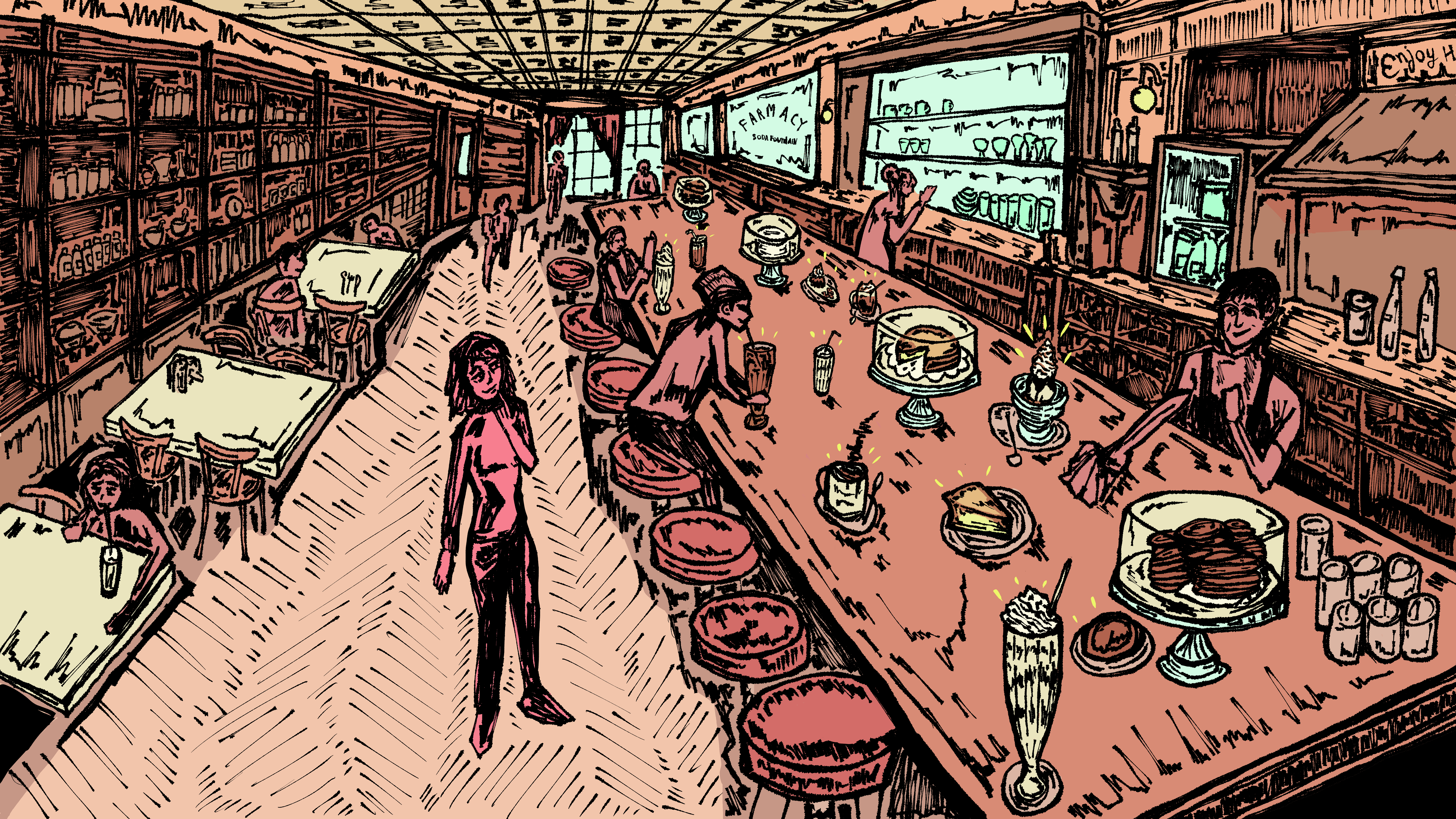 Warm-colored illustration of Brooklyn Farmacy’s interior with desert-filled counter and girl wondering what to order.