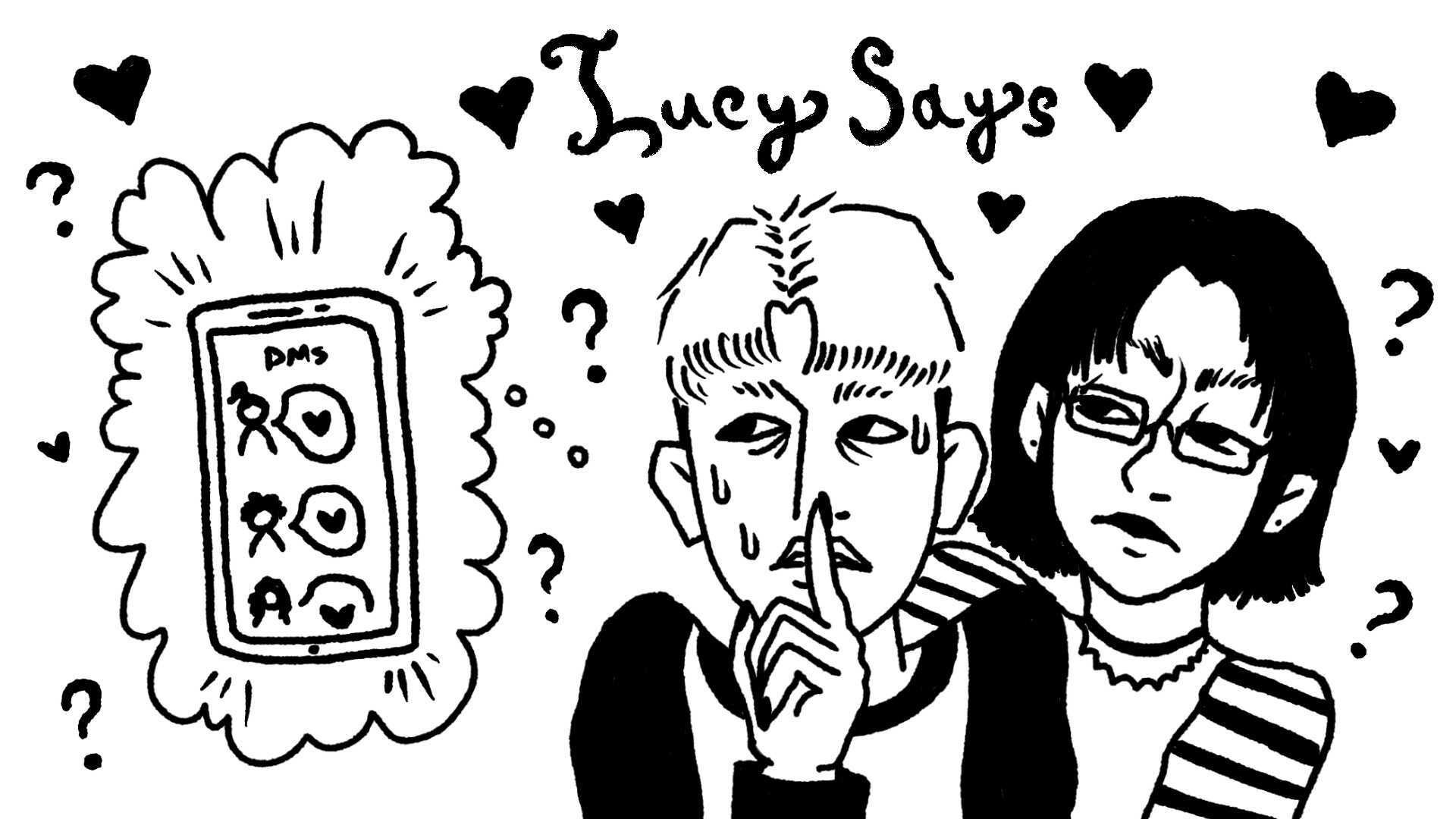 Black-and-white illustration with a girl looking skeptically at a boy, who is shushing with his finger. In the boy's thought bubble is a phone with many DMs.