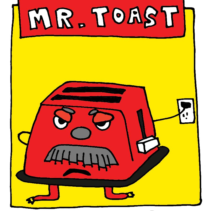 Red toaster with a mustache going through his emotions.