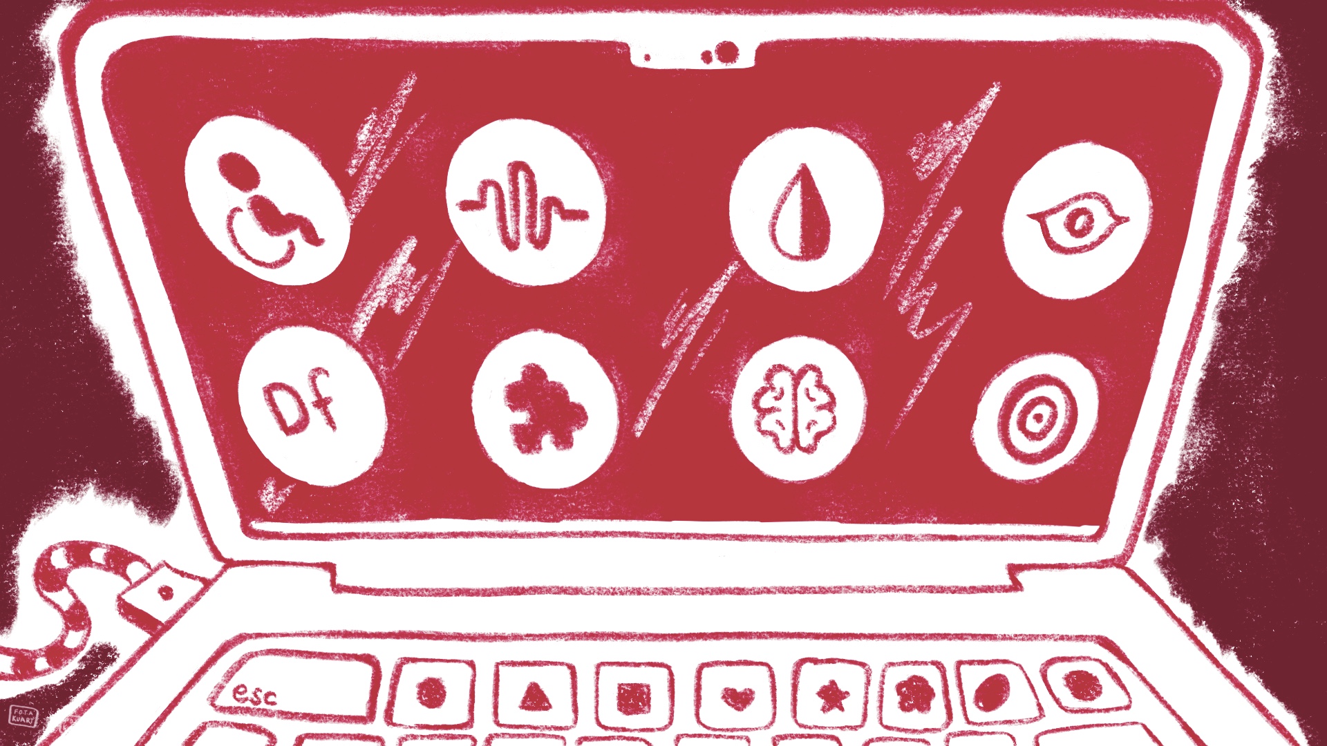 Red and white illustration of an open laptop with symbols representing various disabilities.