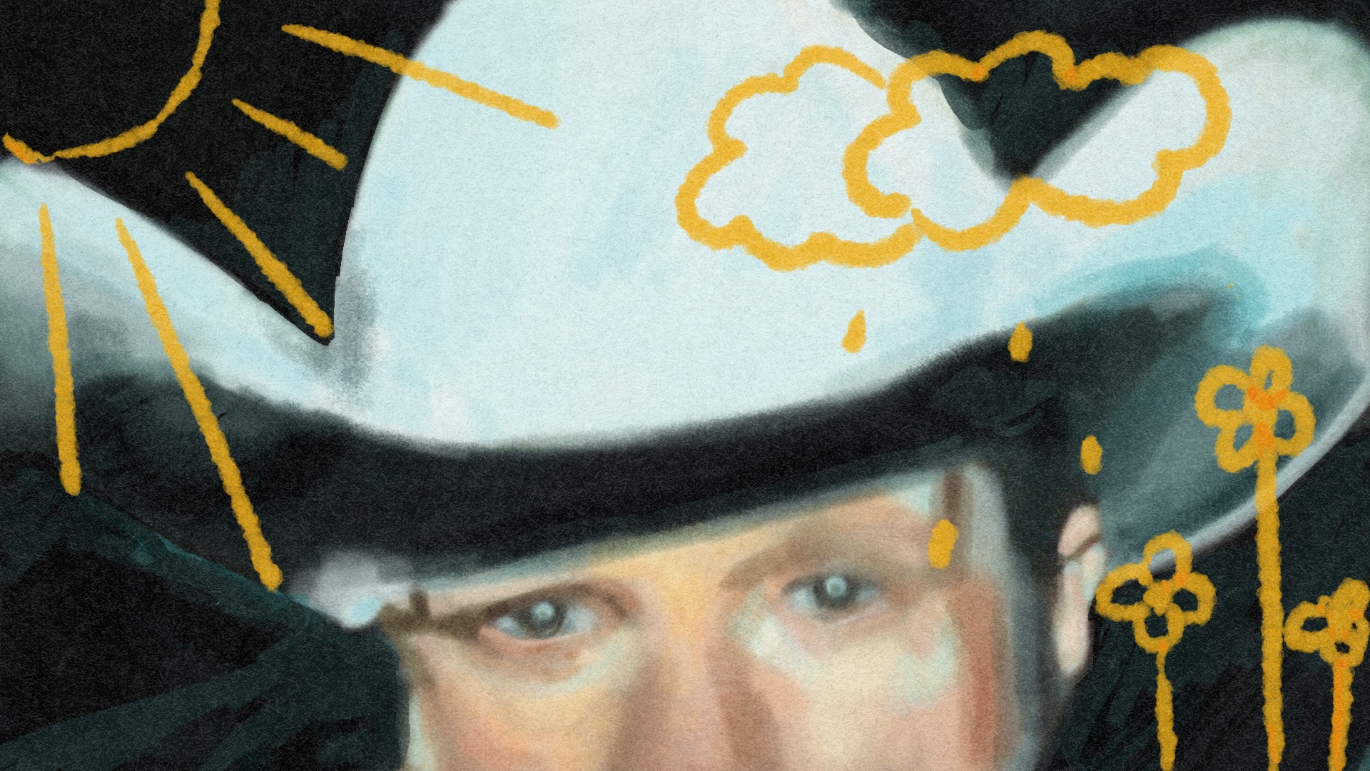 Drawing of “Bright Future” album cover of Adrianne Lenker in a cowboy hat with yellow drawings of sun and clouds.
