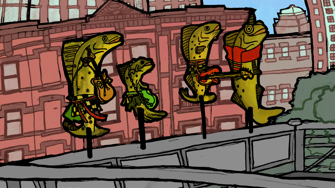 Illustration of fish playing guitars in a green-to-red color palette.