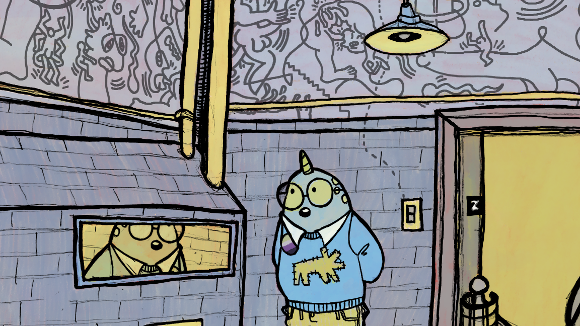 Illustration of a narwhal viewing the bathroom mural in a gray and yellow color palette.