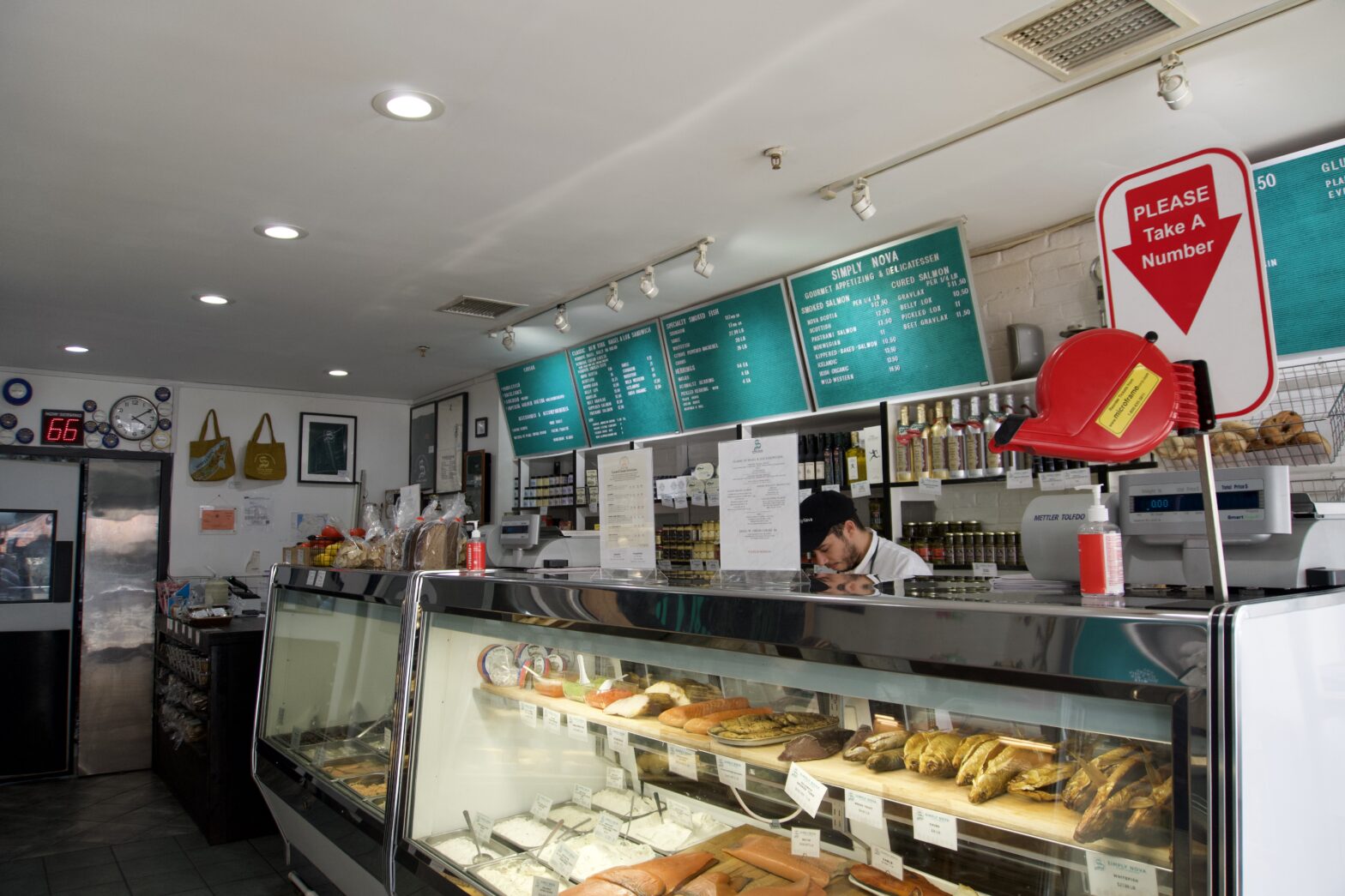 The deli counter at Simply Nova. The display case is full of smoked fish.