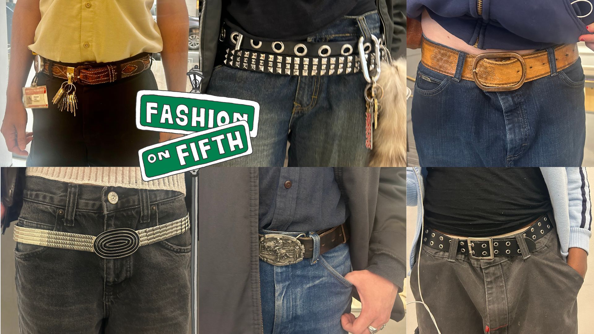 Closeup collage of six students and one staff member posing with their belts and a Fashion on Fifth logo on top.