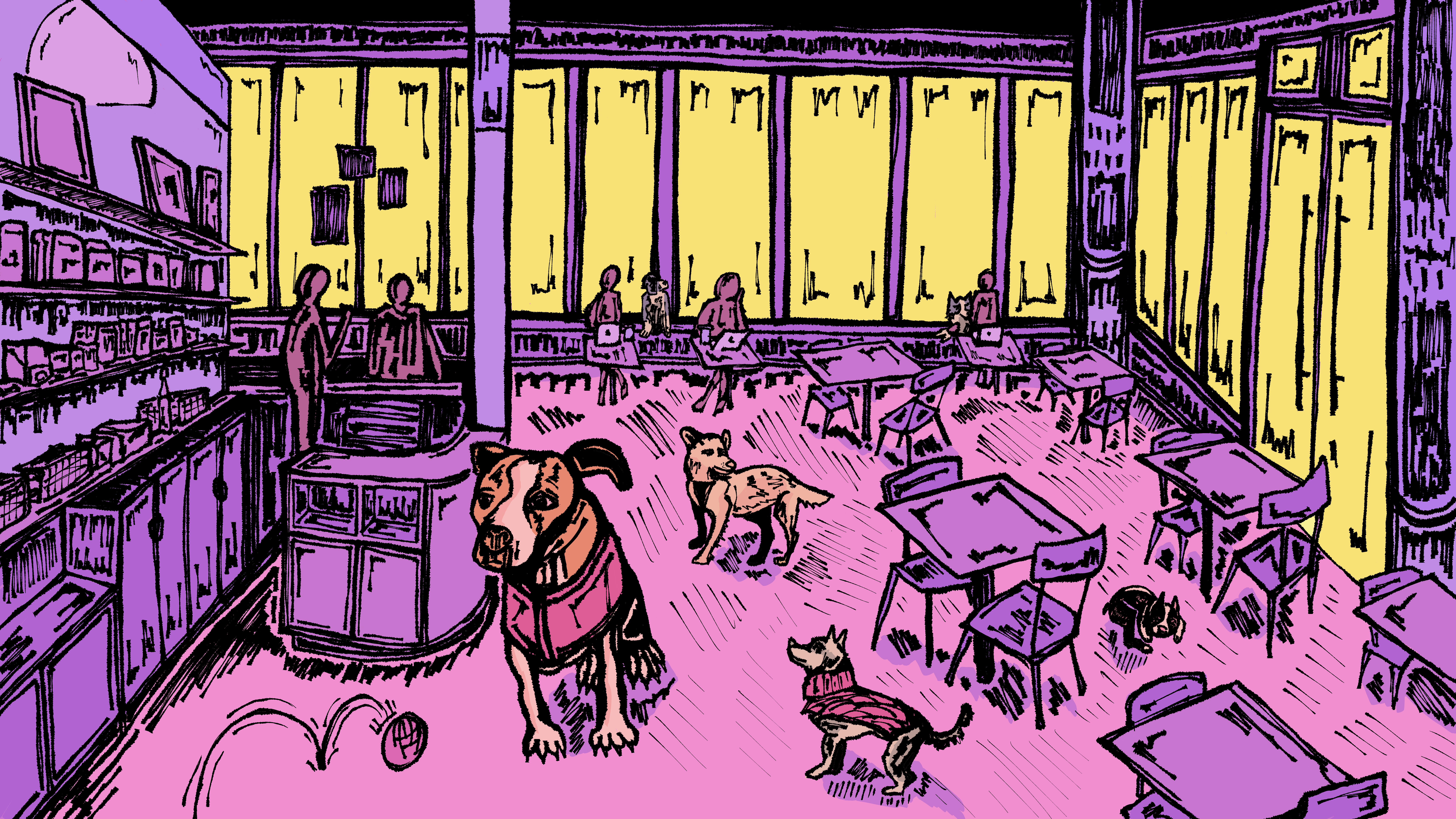 Illustration of Boris & Horton cafe interior with people working at tables and dogs spread through the space — washed in pinks, purples, and yellow.