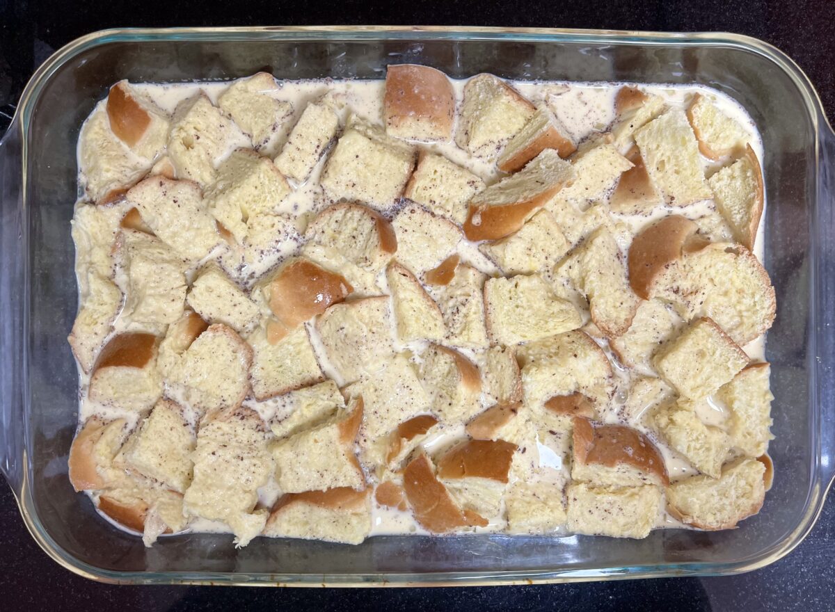 Step 4 of the bread pudding recipe, ready to go into the oven.