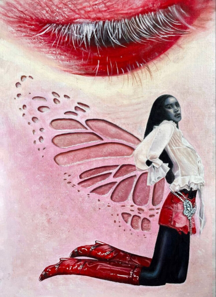 Drawing of a woman wearing a white blouse, a red miniskirt, black tights, pink butterfly wings, and shiny, red knee-length boots. The backdrop of the drawing is a close-up of an eye painted with red eyeshadow and pink blush on their cheek.