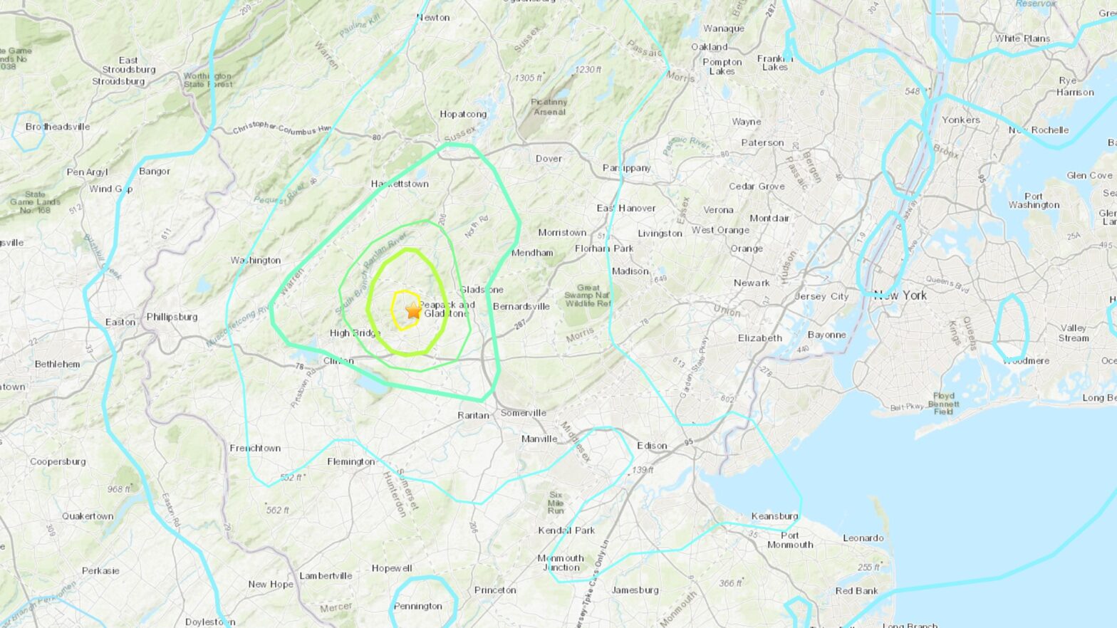 Map of the epicenter of the earthquake in New Jersey and the range of the tremors stretching into New York City.