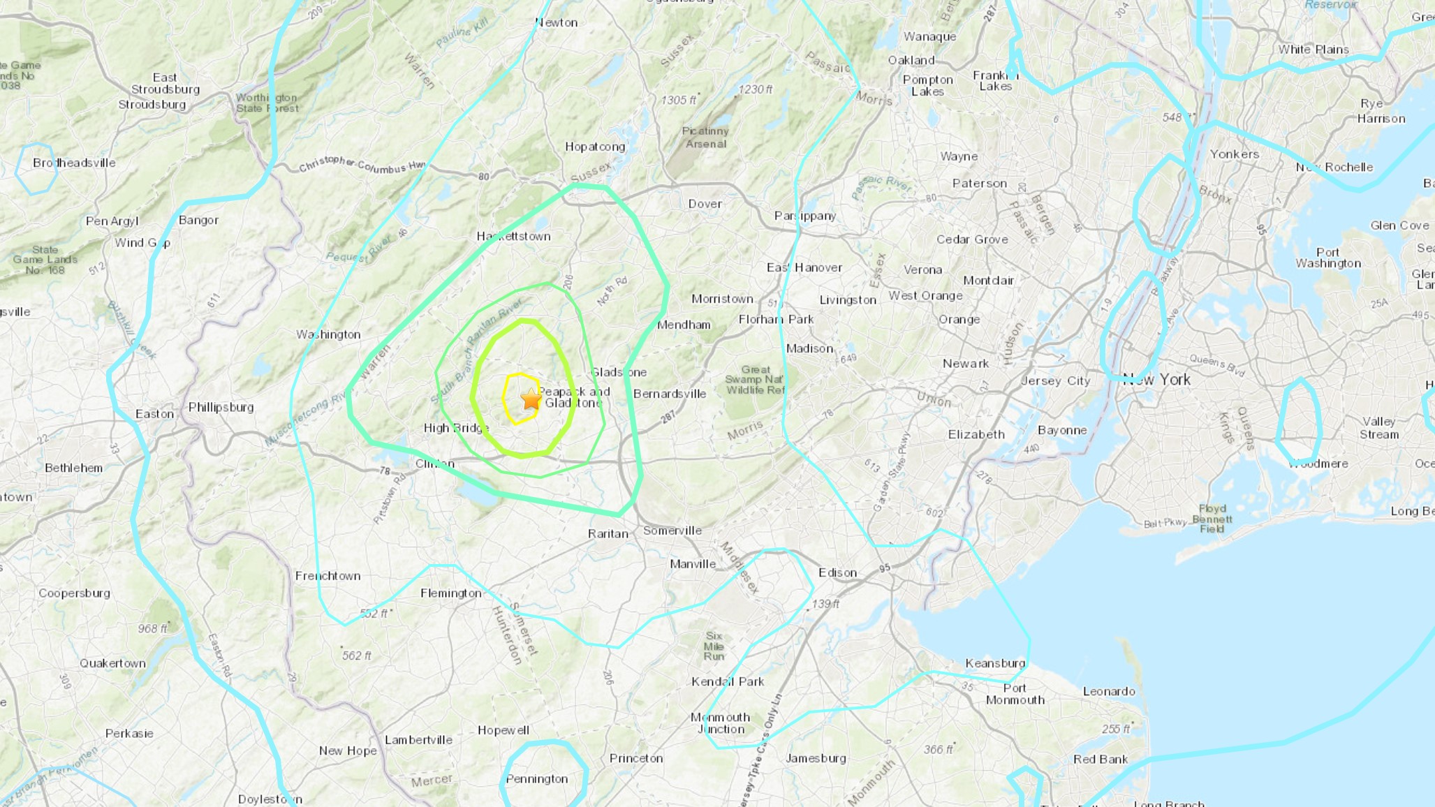 Map of the epicenter of the earthquake in New Jersey and the range of the tremors stretching into New York City.